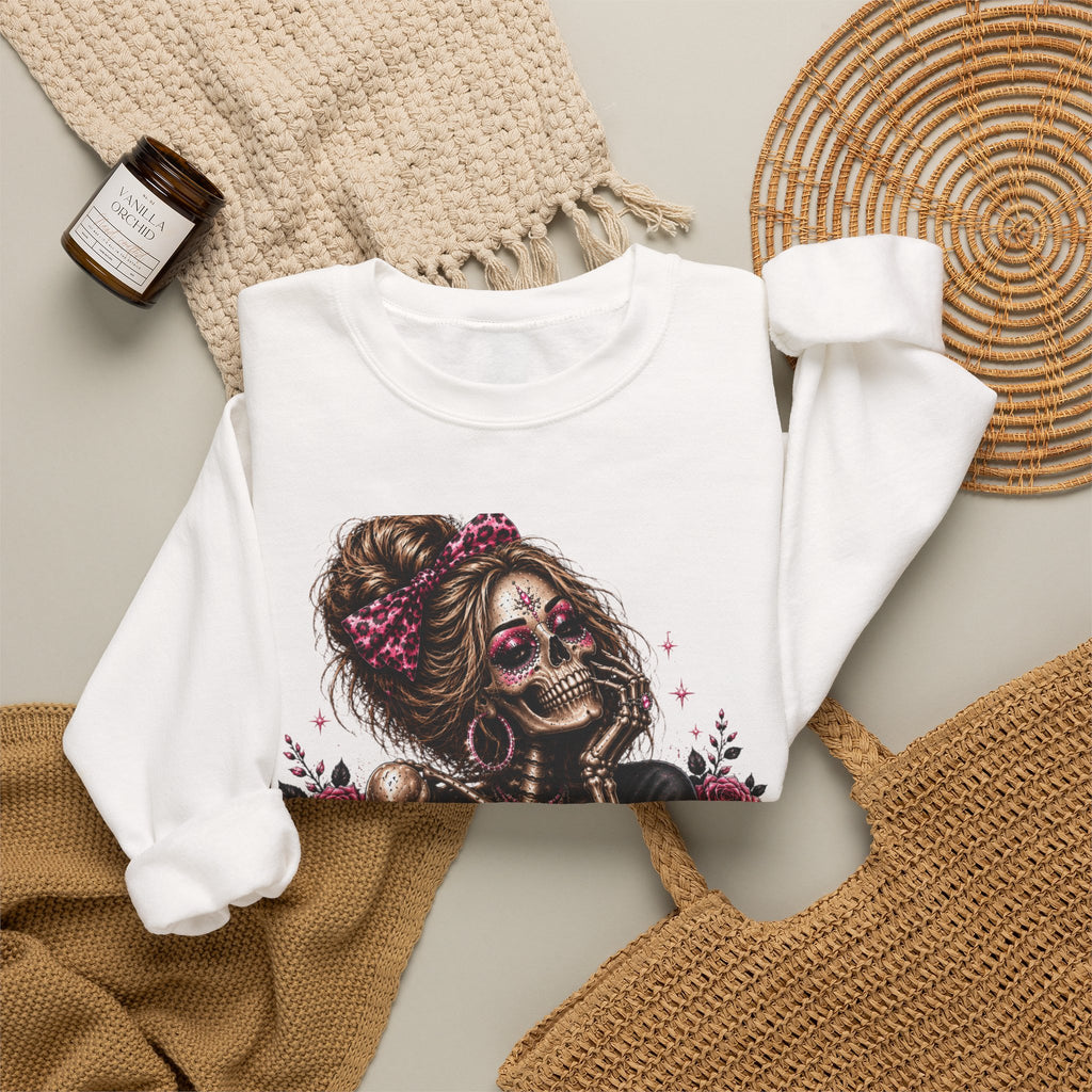 Glam Skull Crewneck Sweatshirt — "Too Glam To Give a Damn" Graphic