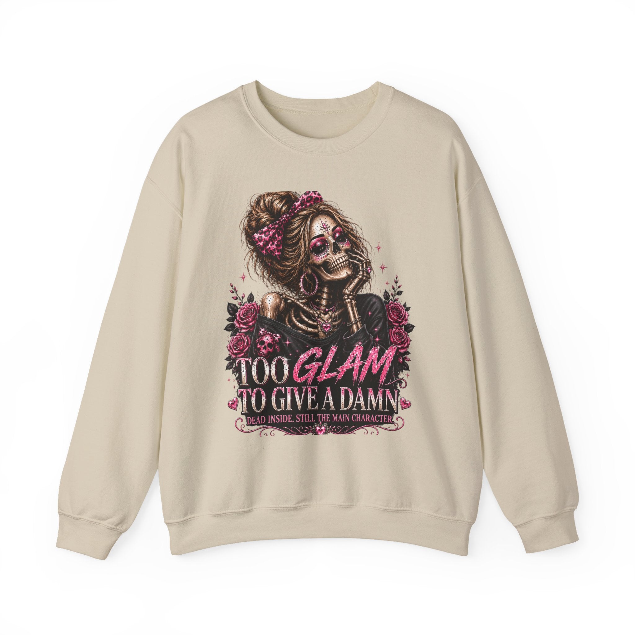 Glam Skull Crewneck Sweatshirt — "Too Glam To Give a Damn" Graphic
