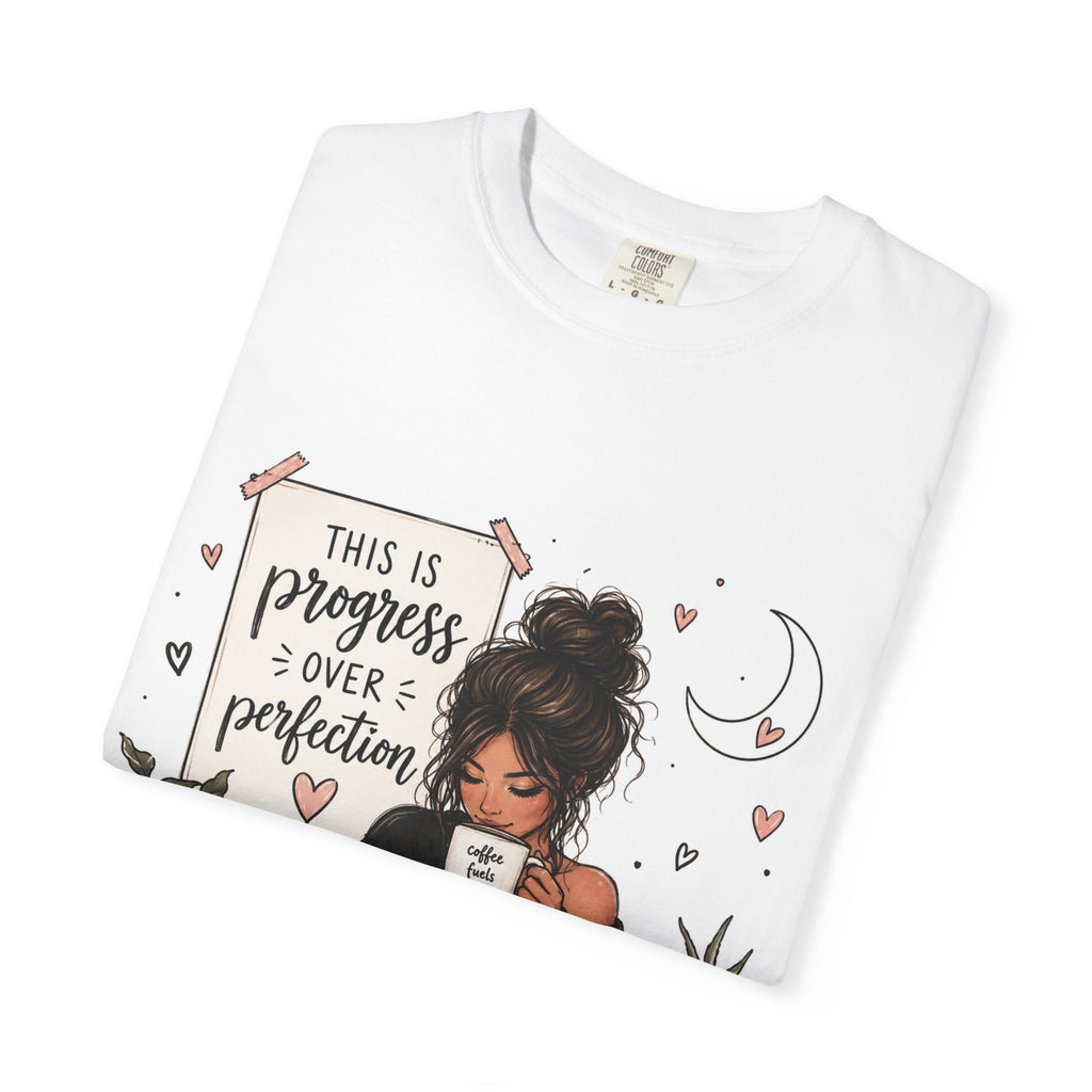 Progress Over Perfection Shirt | Cozy Girl Reading & Coffee Graphic Tee | Book Lover Gift | Cute Hand Drawn Bookish