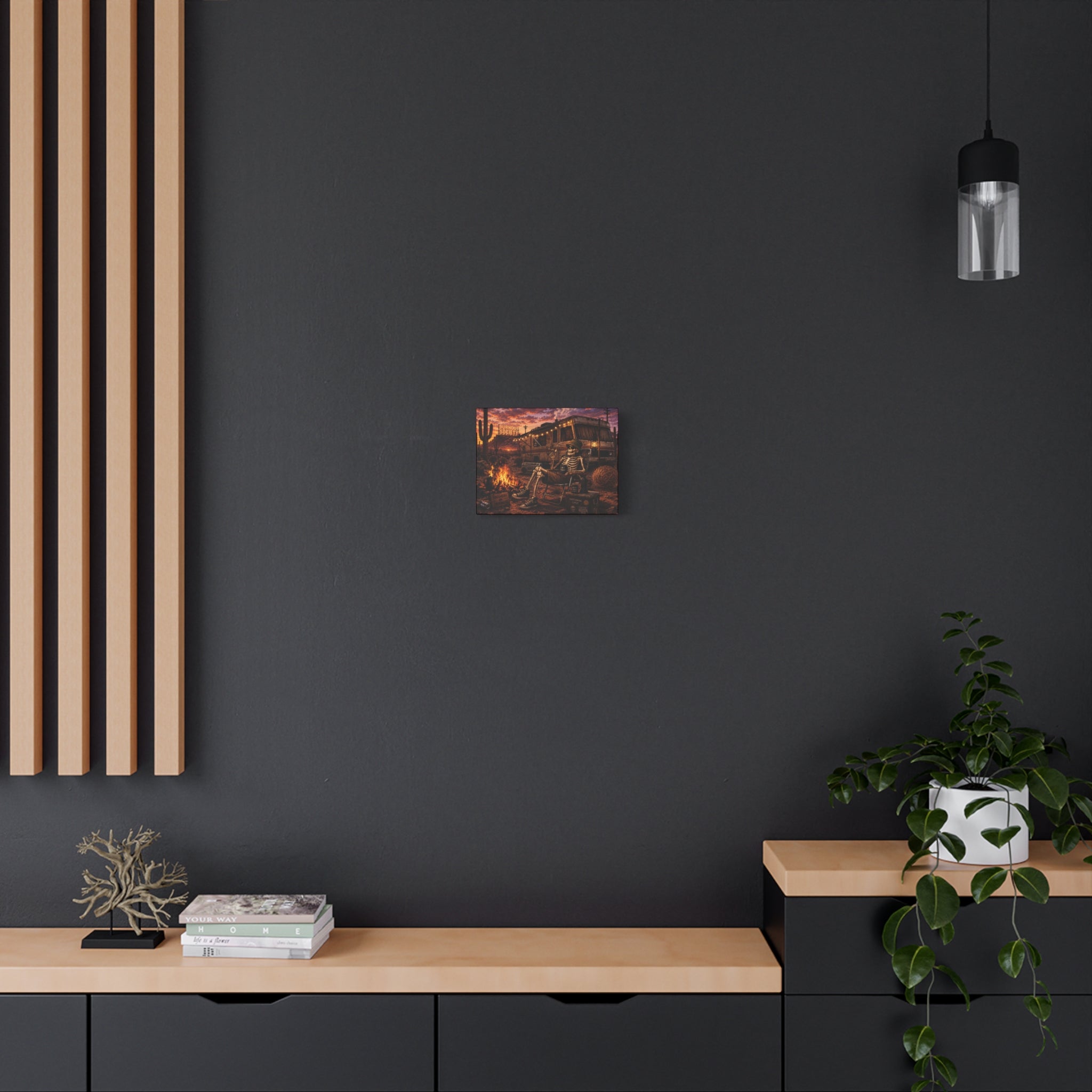 Skeleton Camper Desert Canvas Print — 'Burnout Society' RV Campfire Wall Art