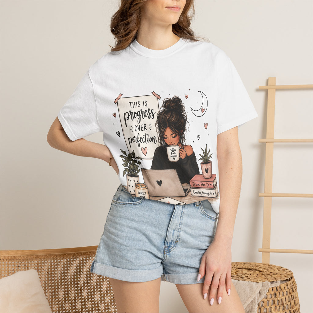 Progress Over Perfection Shirt | Cozy Girl Reading & Coffee Graphic Tee | Book Lover Gift | Cute Hand Drawn Bookish