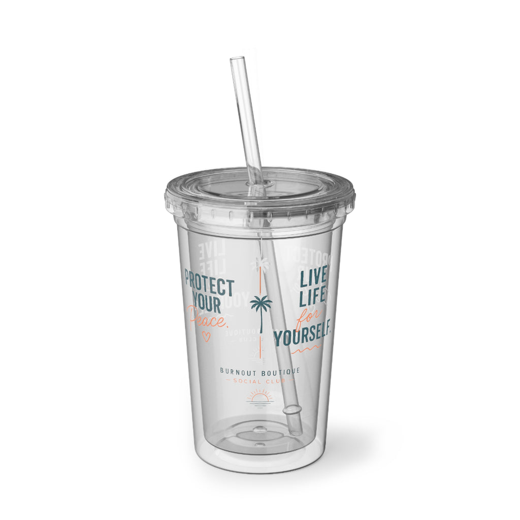 Burnout Boutique Social Club Tumbler | Protect Your Peace Cup | 16oz Acrylic Insulated Tumbler with Straw | Beach Lifestyle Gift