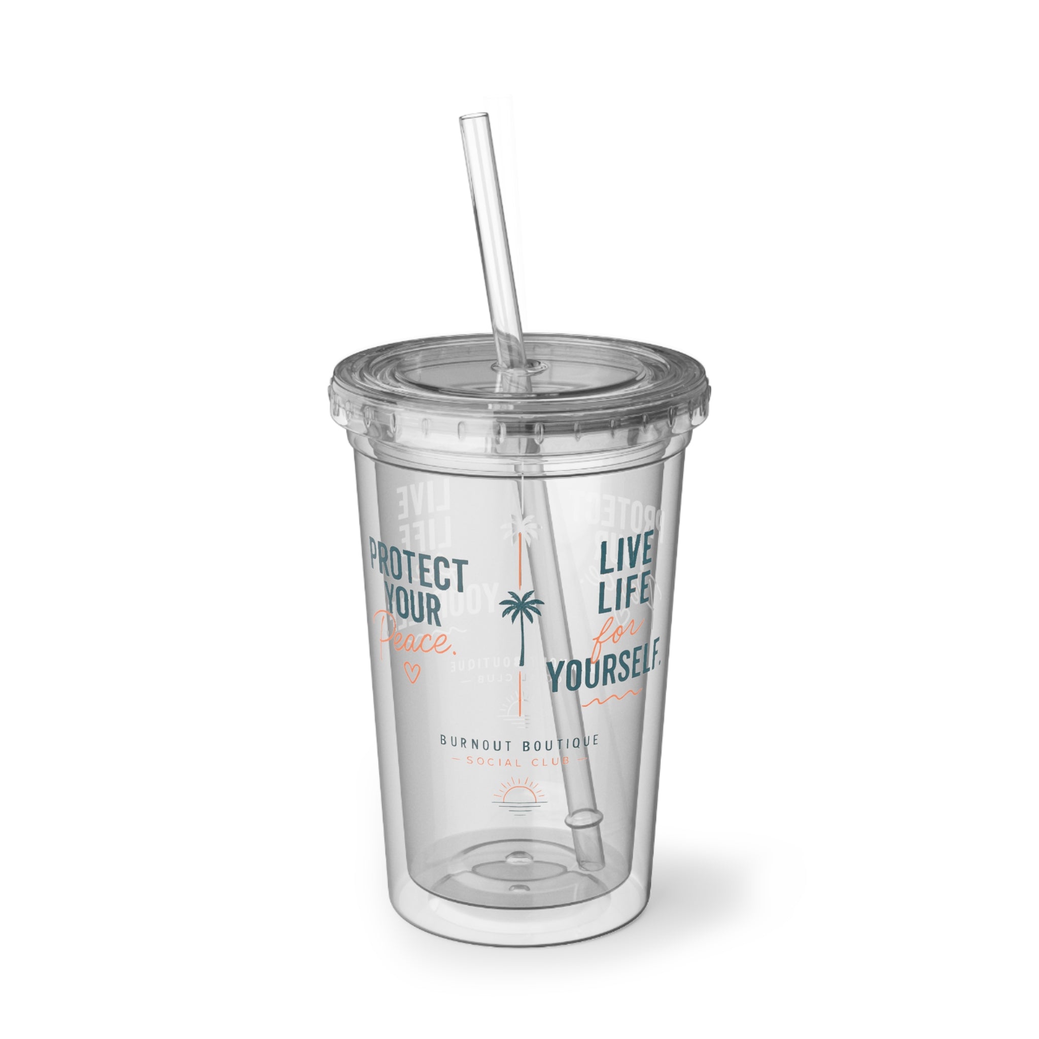 Burnout Boutique Social Club Tumbler | Protect Your Peace Cup | 16oz Acrylic Insulated Tumbler with Straw | Beach Lifestyle Gift