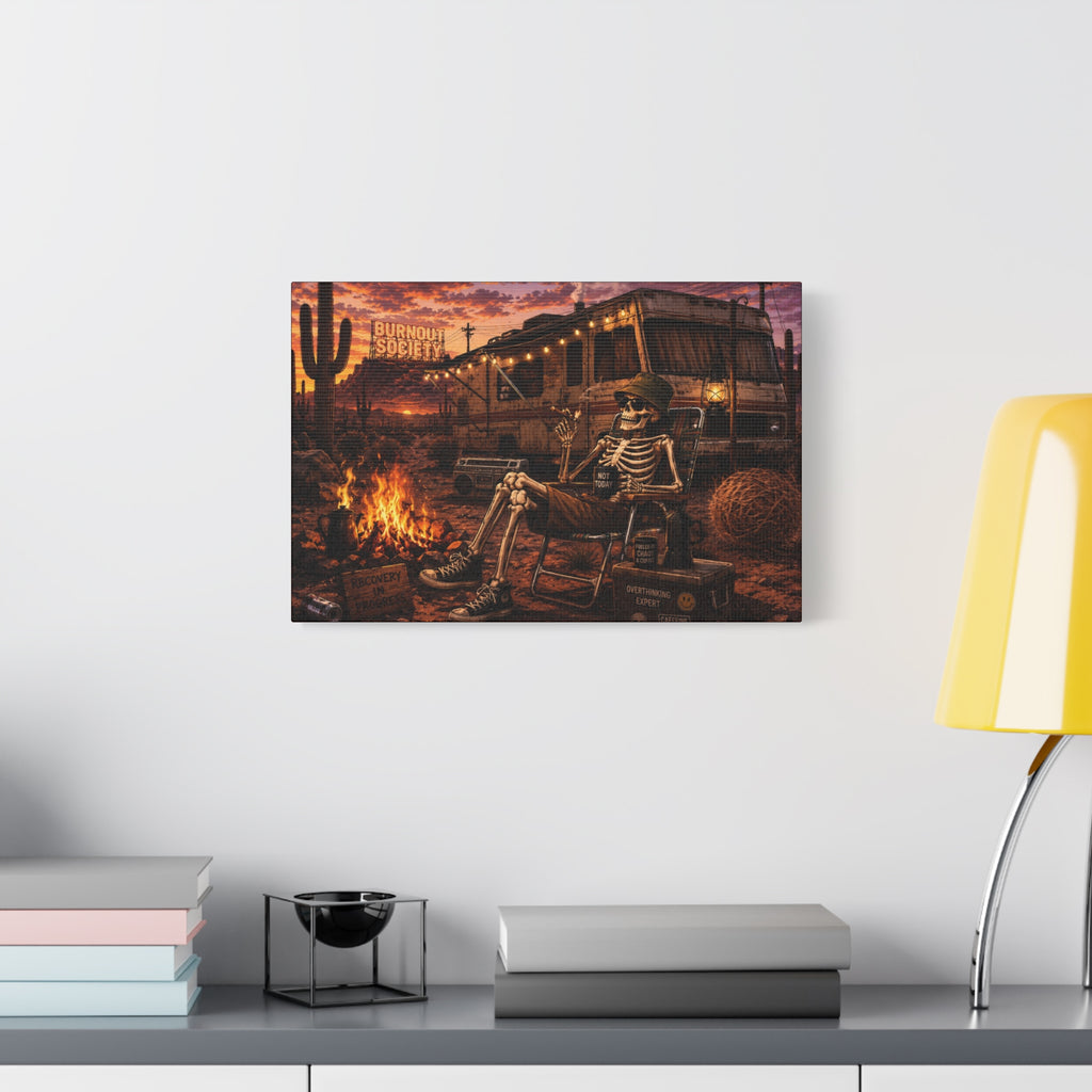 Skeleton Camper Desert Canvas Print — 'Burnout Society' RV Campfire Wall Art