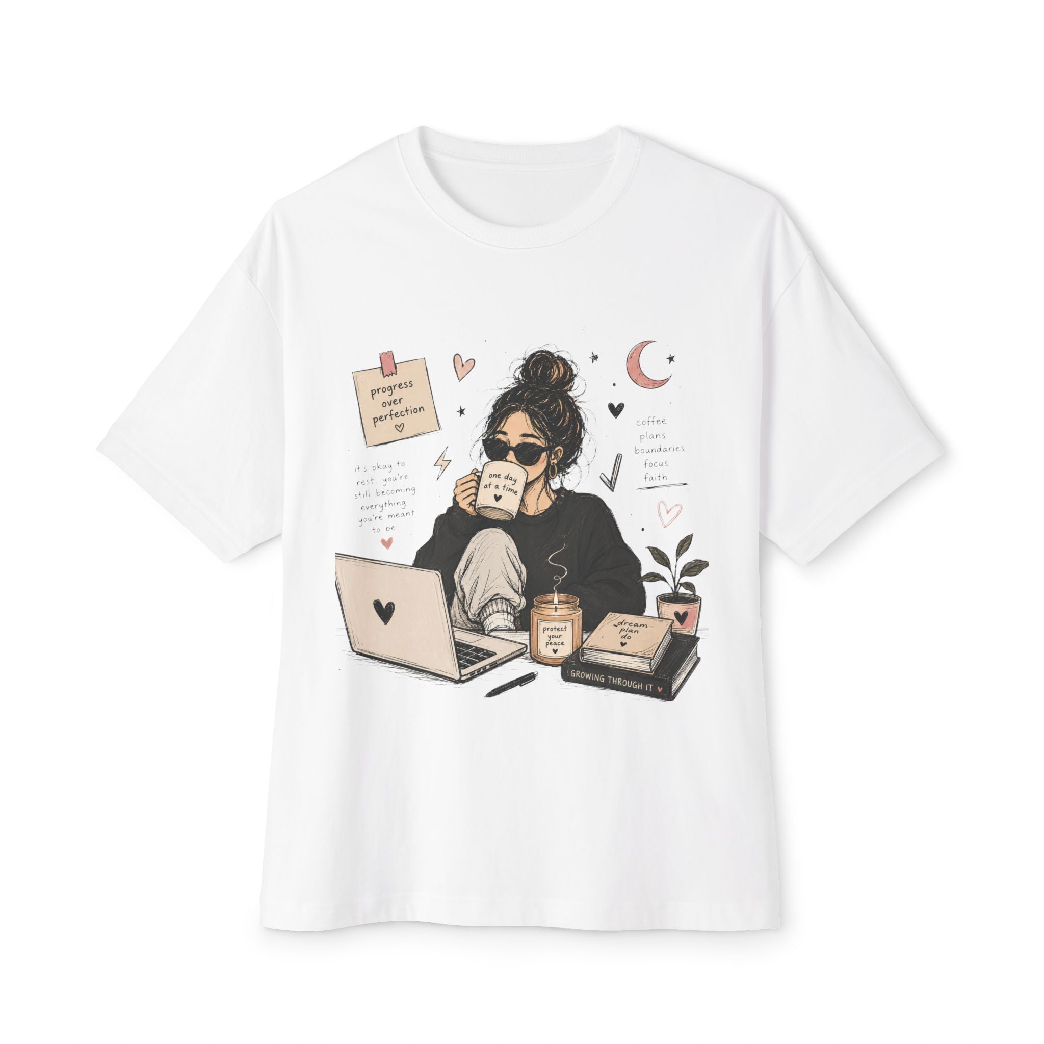Cozy Coffee Girl Oversized Boxy Study Tee | Hand Drawn Self Care Shirt | Cute Laptop Graphic Tee | Cozy Girl Aesthetic