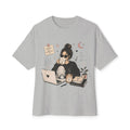 Cozy Coffee Girl Oversized Boxy Study Tee | Hand Drawn Self Care Shirt | Cute Laptop Graphic Tee | Cozy Girl Aesthetic