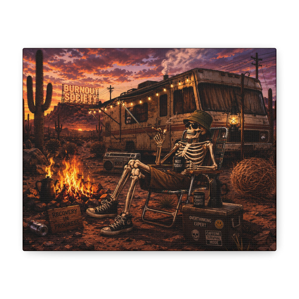 Skeleton Camper Desert Canvas Print — 'Burnout Society' RV Campfire Wall Art