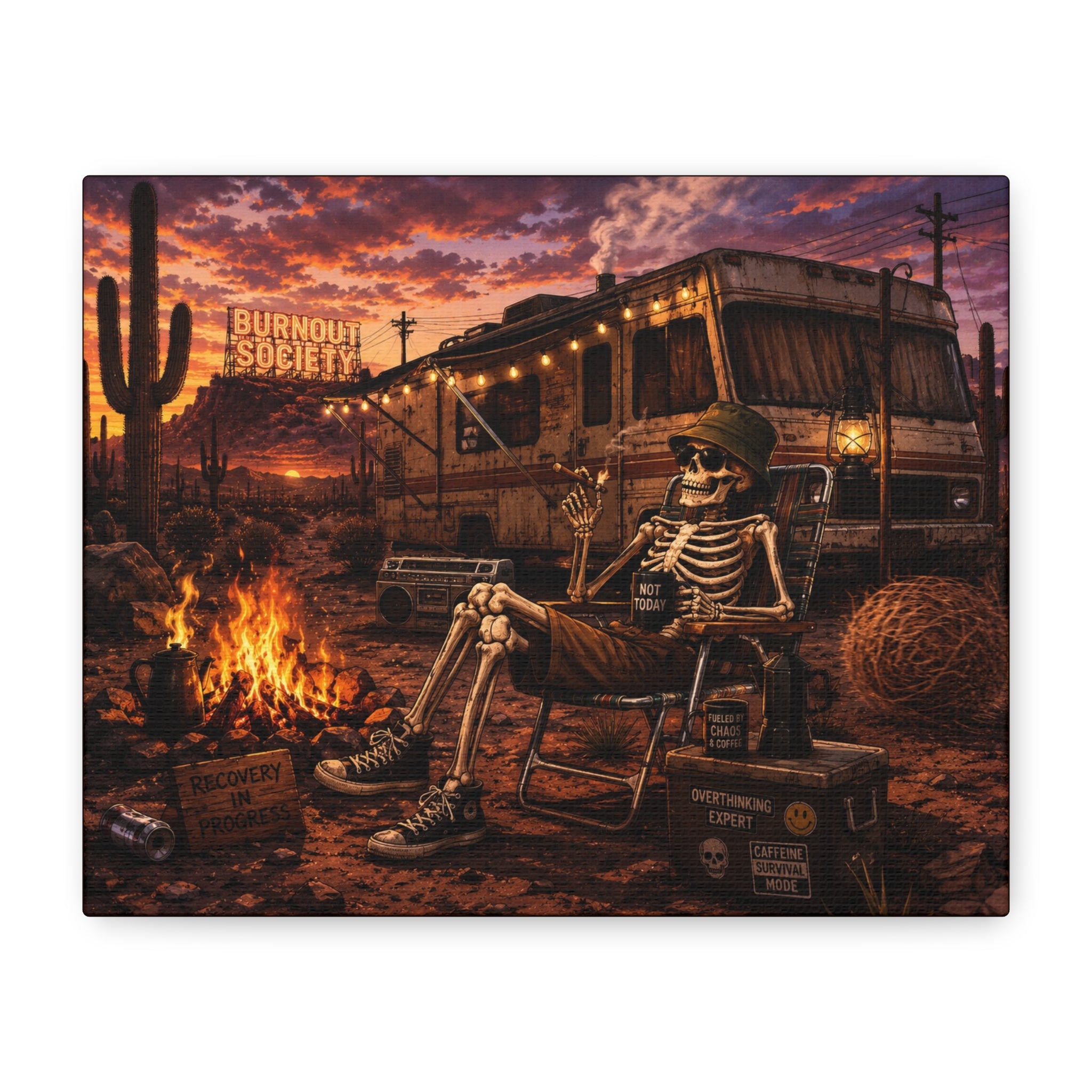 Skeleton Camper Desert Canvas Print — 'Burnout Society' RV Campfire Wall Art