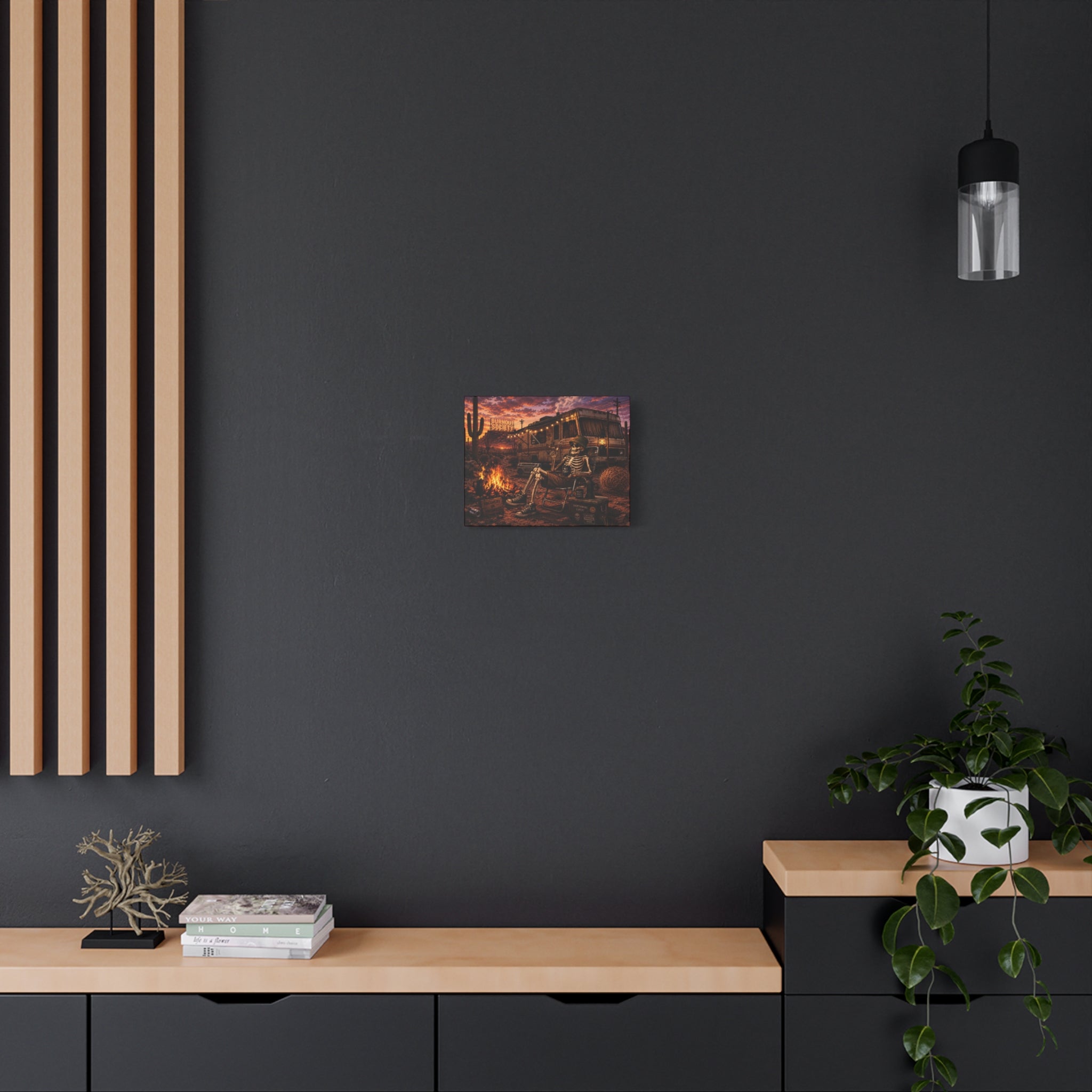 Skeleton Camper Desert Canvas Print — 'Burnout Society' RV Campfire Wall Art