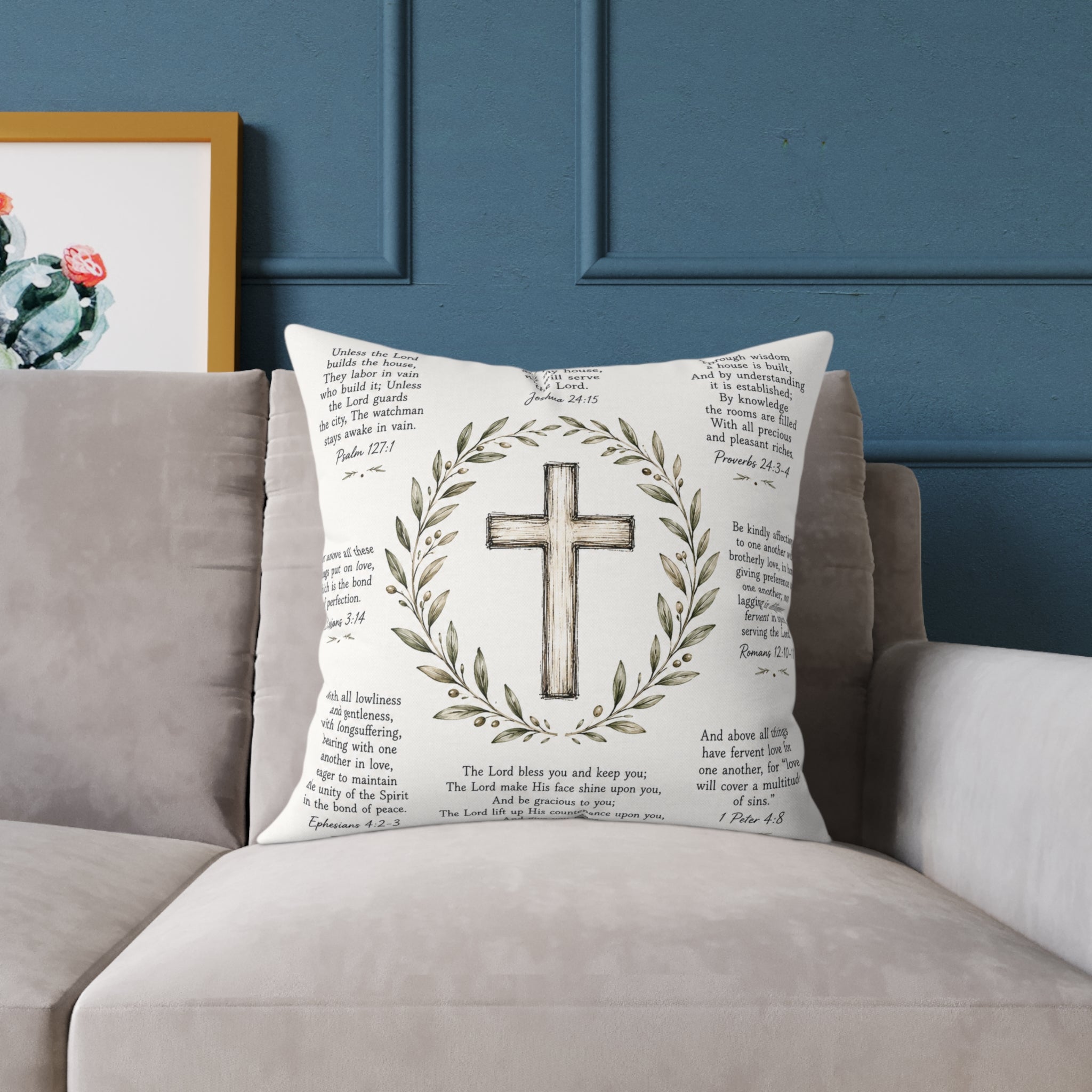 Christian Scripture Throw Pillow | Rustic Cross & Bible Verse Accent Pillow | Farmhouse Faith Home Decor