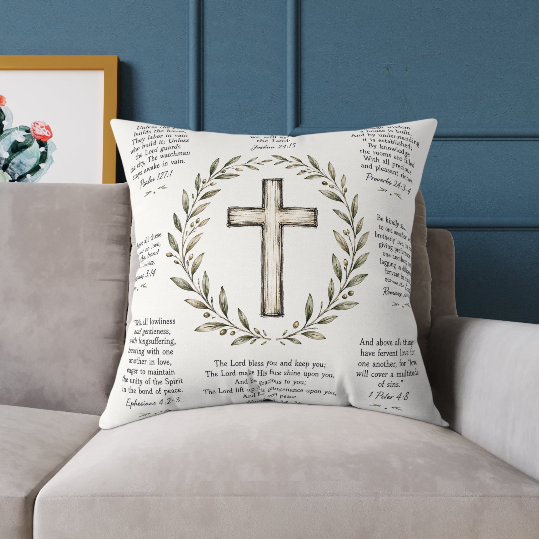 Christian Scripture Throw Pillow | Rustic Cross & Bible Verse Accent Pillow | Farmhouse Faith Home Decor