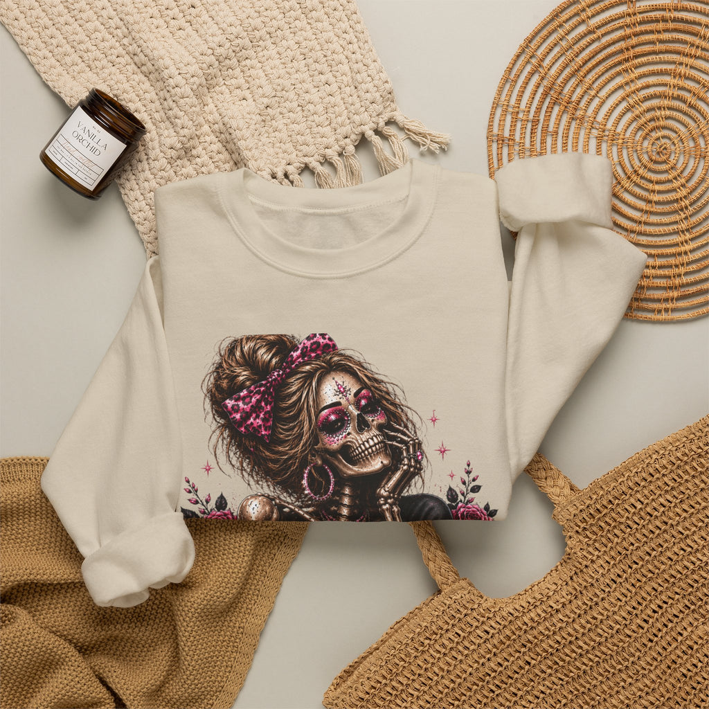 Glam Skull Crewneck Sweatshirt — "Too Glam To Give a Damn" Graphic