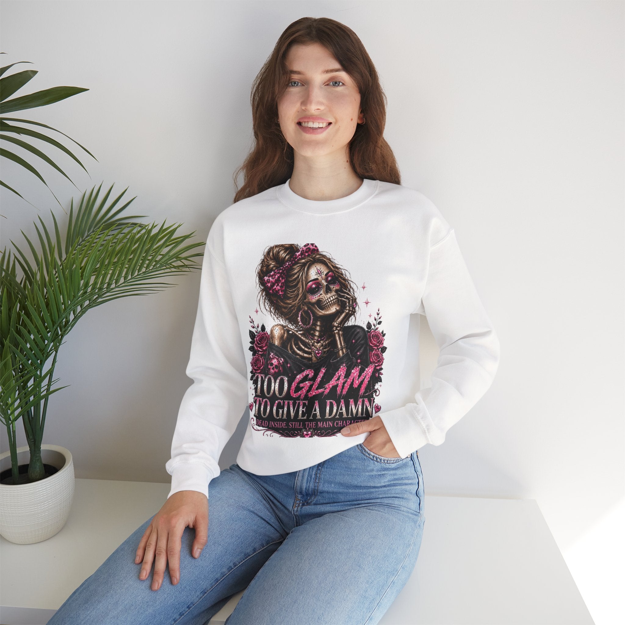 Glam Skull Crewneck Sweatshirt — "Too Glam To Give a Damn" Graphic