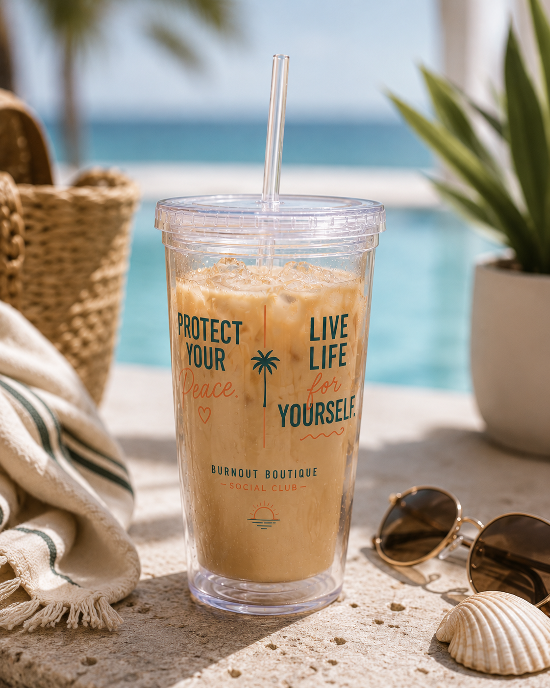 Burnout Boutique Social Club Tumbler | Protect Your Peace Cup | 16oz Acrylic Insulated Tumbler with Straw | Beach Lifestyle Gift