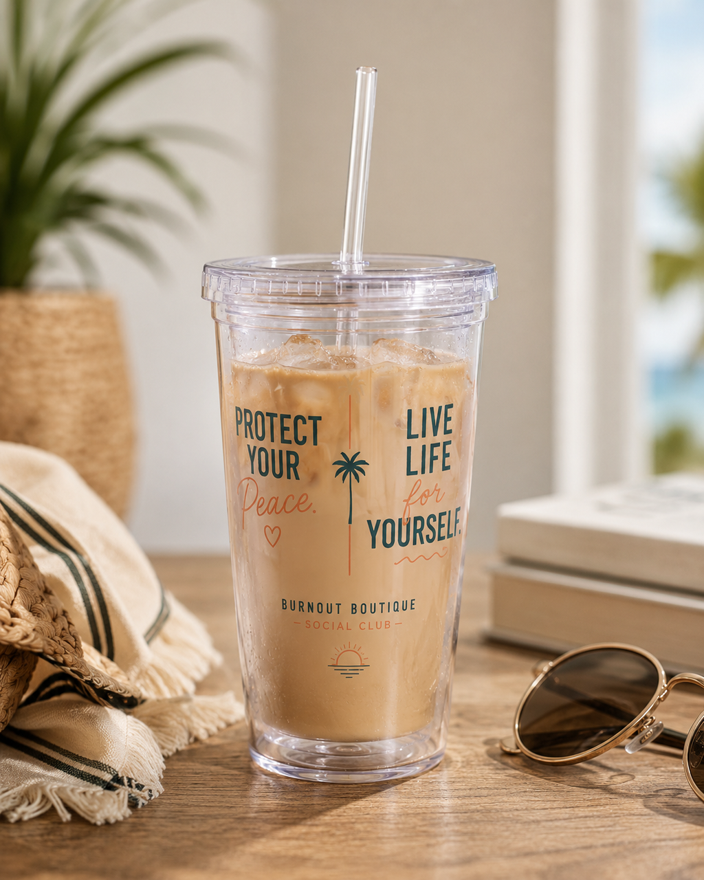Burnout Boutique Social Club Tumbler | Protect Your Peace Cup | 16oz Acrylic Insulated Tumbler with Straw | Beach Lifestyle Gift