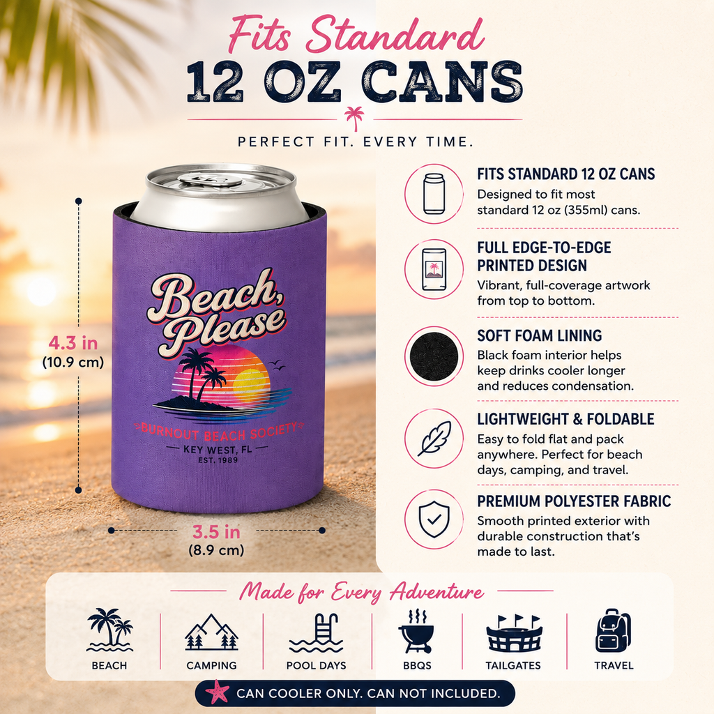 Beach Please Can Cooler | Retro Beach Koozie | Regular & Slim 12 oz Can Cooler | Funny Beach Gift | Pool Party Drink Sleeve