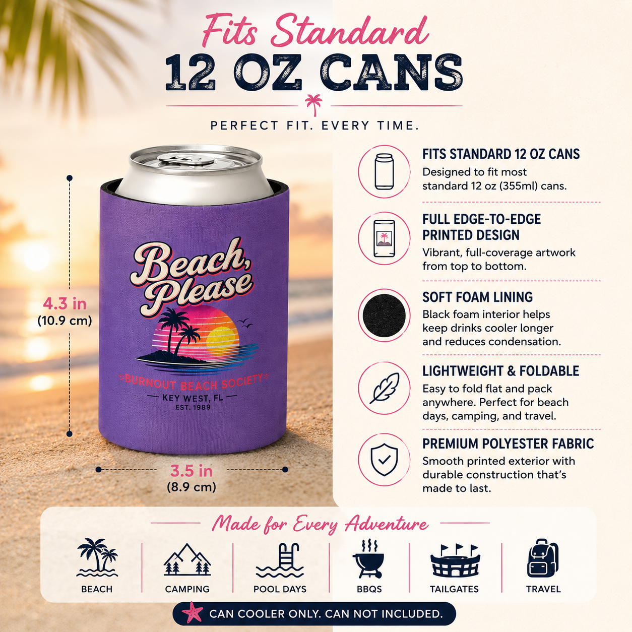 Beach Please Can Cooler | Retro Beach Koozie | Regular & Slim 12 oz Can Cooler | Funny Beach Gift | Pool Party Drink Sleeve