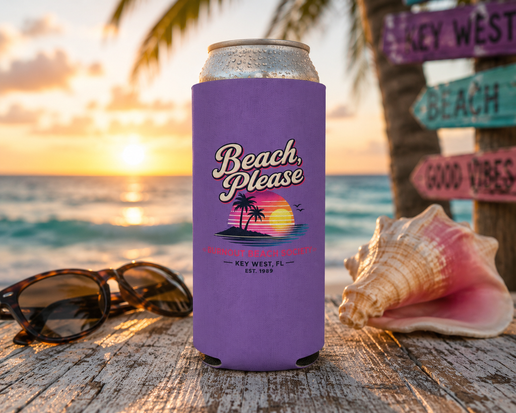 Beach Please Can Cooler | Retro Beach Koozie | Regular & Slim 12 oz Can Cooler | Funny Beach Gift | Pool Party Drink Sleeve