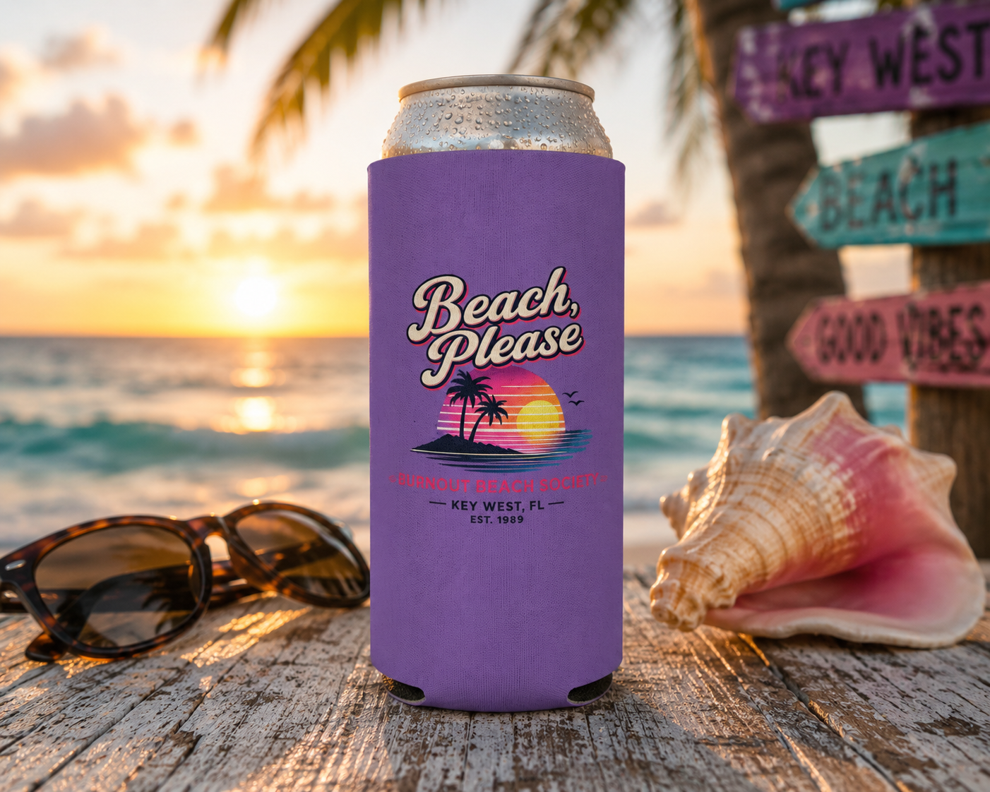 Beach Please Can Cooler | Retro Beach Koozie | Regular & Slim 12 oz Can Cooler | Funny Beach Gift | Pool Party Drink Sleeve