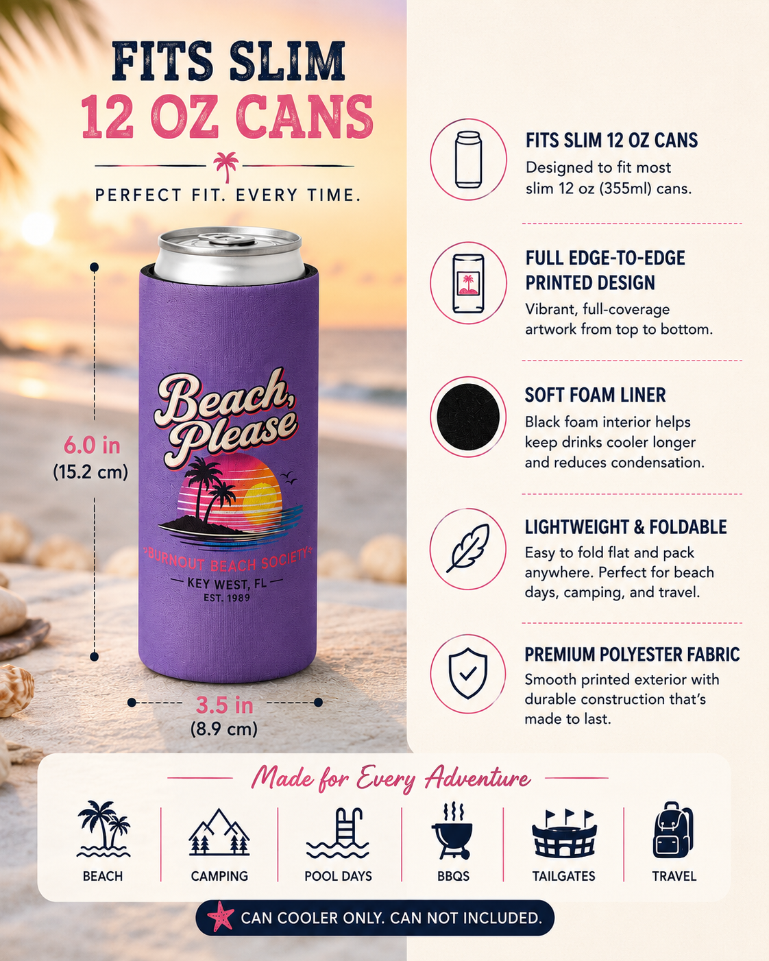 Beach Please Can Cooler | Retro Beach Koozie | Regular & Slim 12 oz Can Cooler | Funny Beach Gift | Pool Party Drink Sleeve