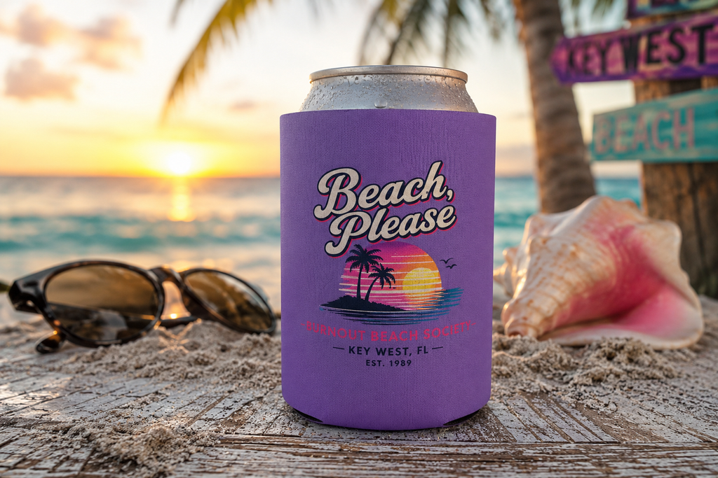 Beach Please Can Cooler | Retro Beach Koozie | Regular & Slim 12 oz Can Cooler | Funny Beach Gift | Pool Party Drink Sleeve