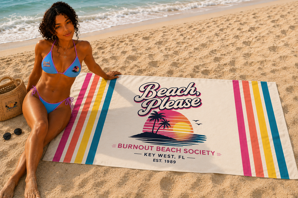 Beach Please Beach Towel | Retro Coastal Pool Towel | Colorful Summer Beach Towel | Vacation Gift | Burnout Beach Society