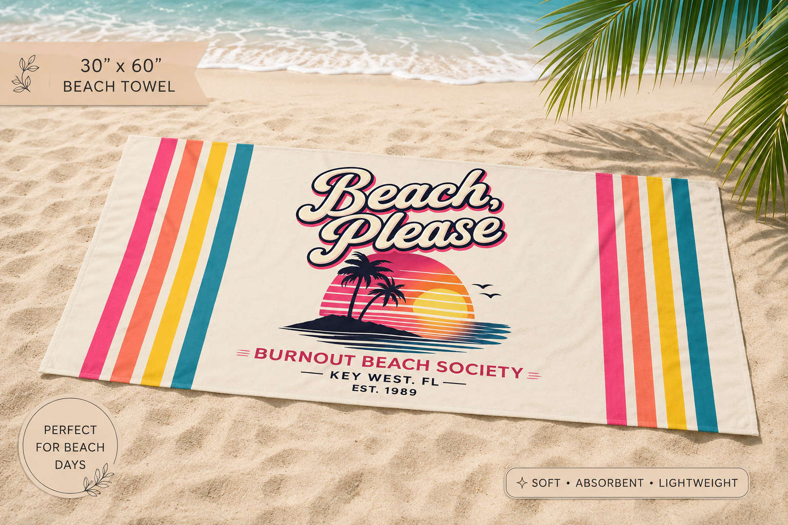 Beach Please Beach Towel | Retro Coastal Pool Towel | Colorful Summer Beach Towel | Vacation Gift | Burnout Beach Society