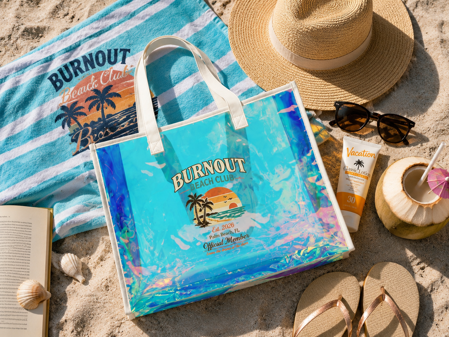 Burnout Beach Club Holographic Beach Tote | Clear Iridescent Beach Bag | Large Summer Tote | Pool Bag | Vacation Gift