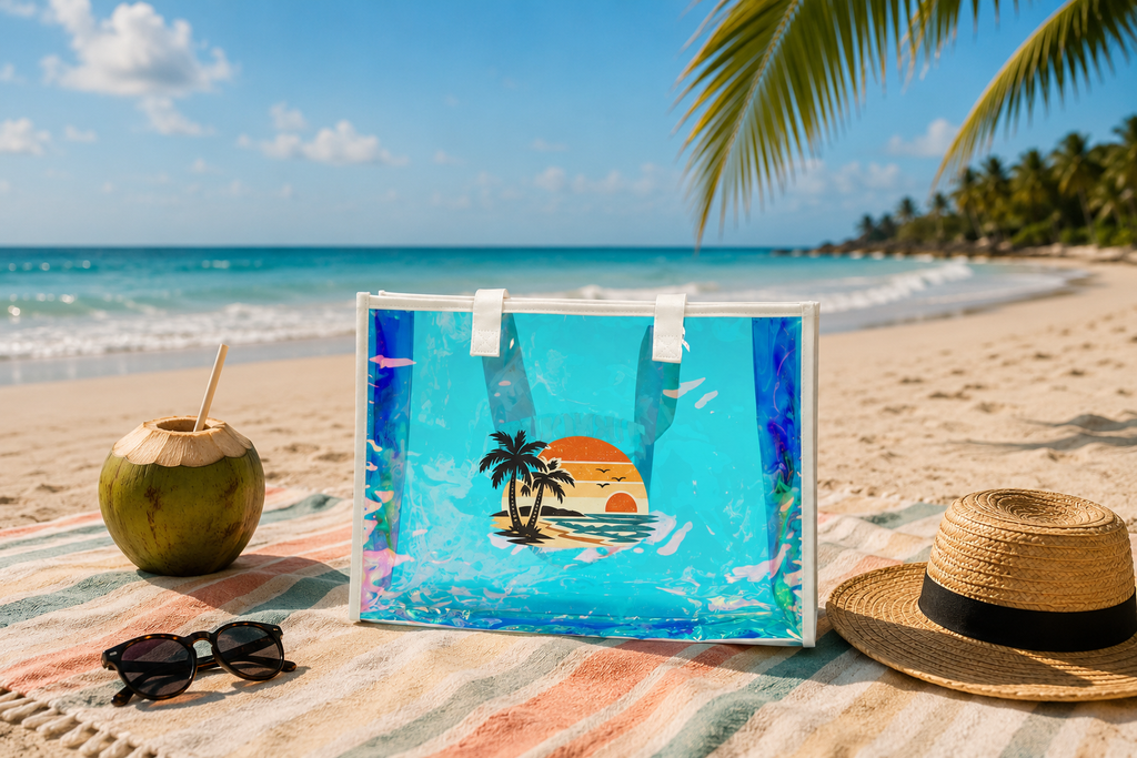 Burnout Beach Club Holographic Beach Tote | Clear Iridescent Beach Bag | Large Summer Tote | Pool Bag | Vacation Gift