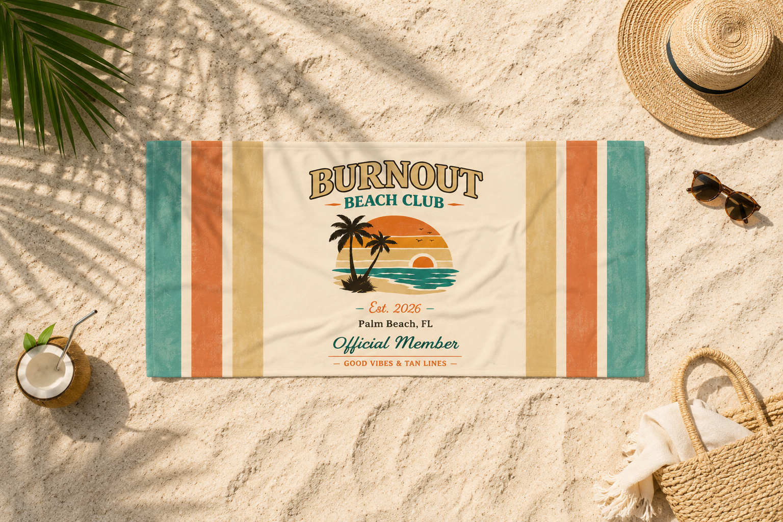 Burnout Beach Club Beach Towel | Retro Coastal Towel | Vintage Stripe Pool Towel | Summer Vacation Gift | Resort Beach Towel