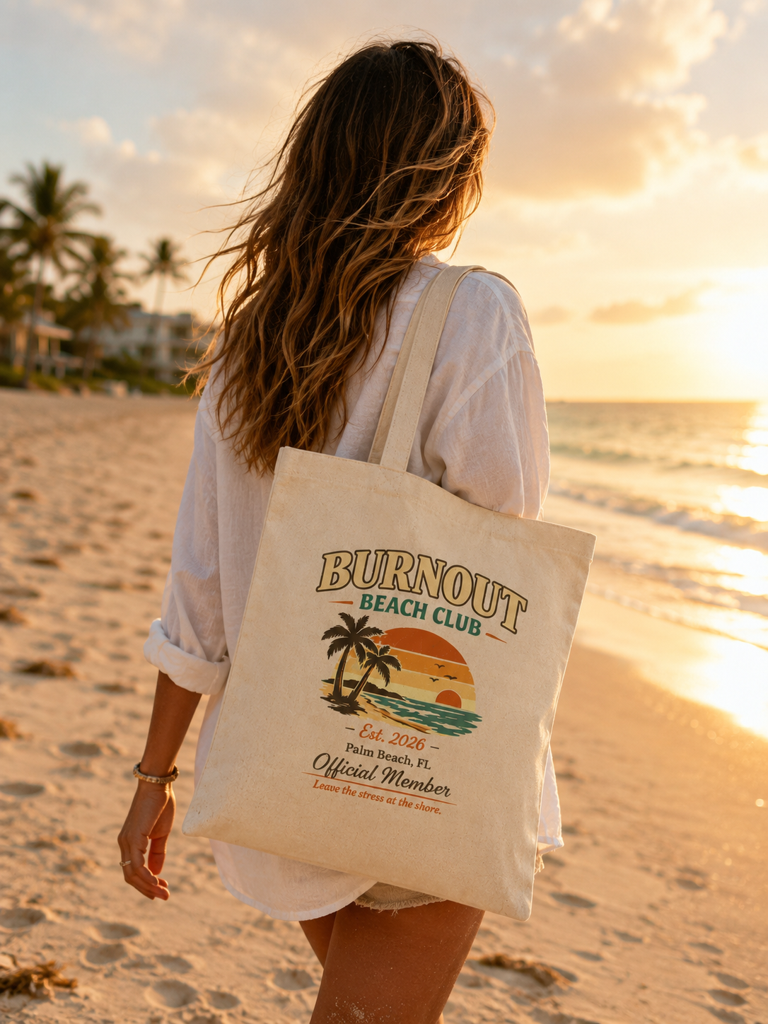Burnout Beach Club Tote Bag | Coastal Canvas Tote | Retro Beach Bag | Cotton Reusable Shopping Bag | Vacation Gift | Beach Lover Gift