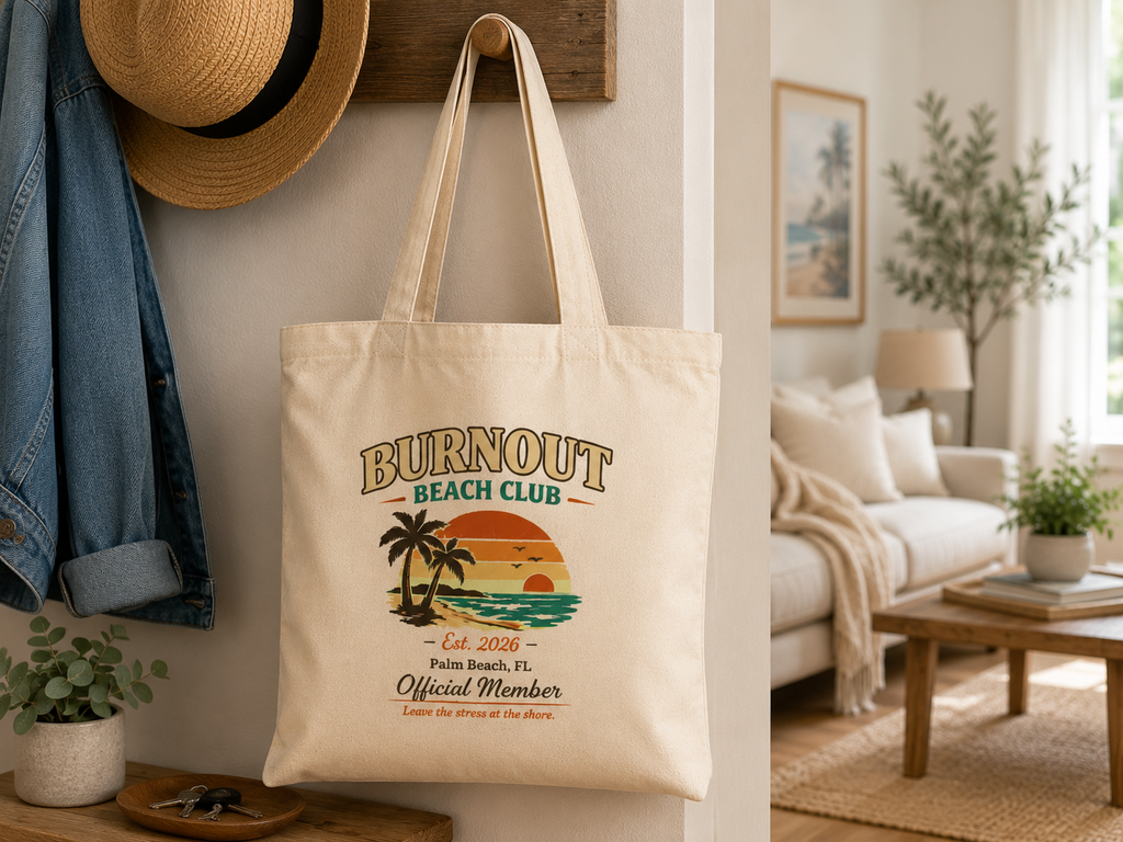Burnout Beach Club Tote Bag | Coastal Canvas Tote | Retro Beach Bag | Cotton Reusable Shopping Bag | Vacation Gift | Beach Lover Gift