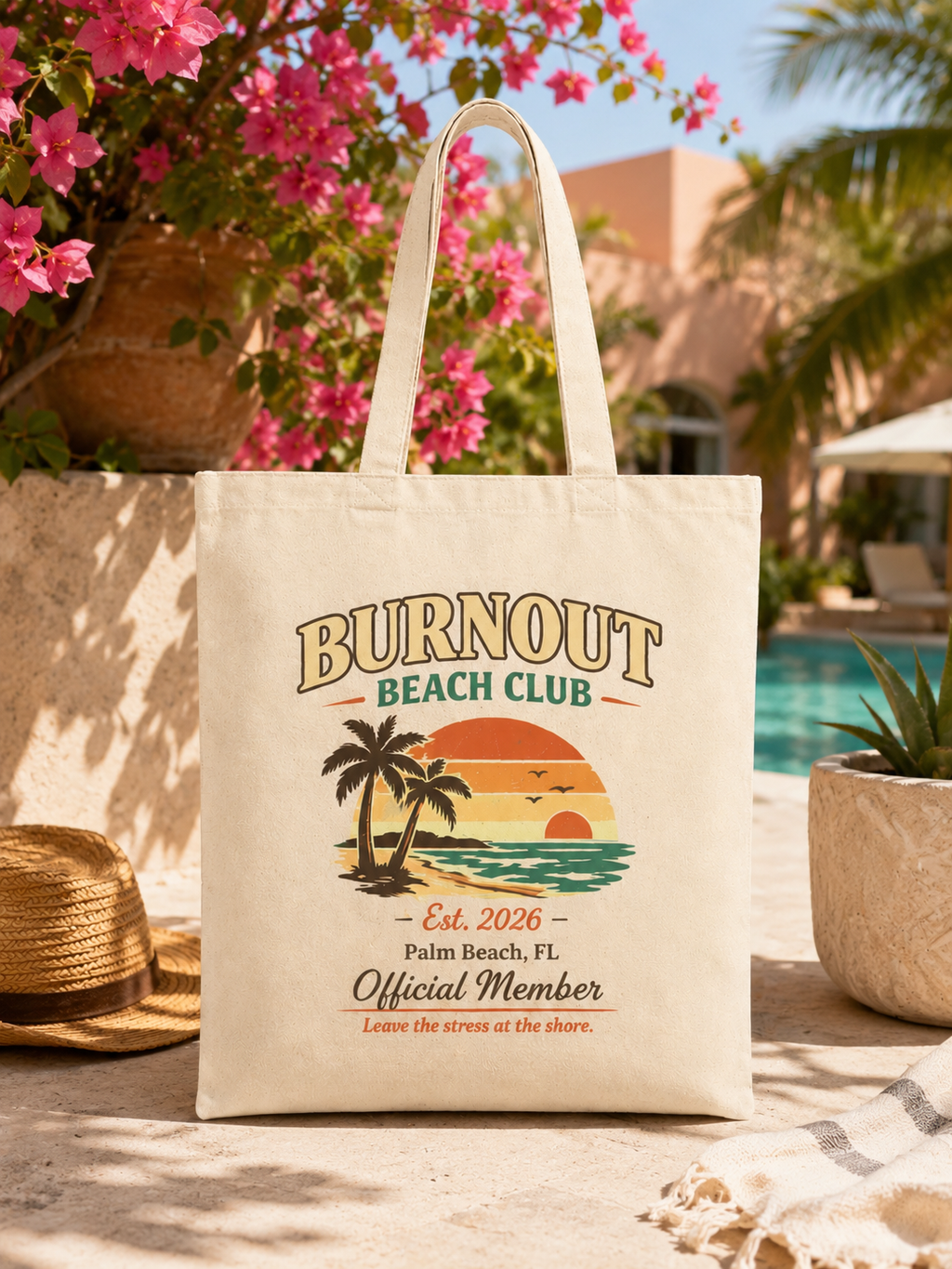 Burnout Beach Club Tote Bag | Coastal Canvas Tote | Retro Beach Bag | Cotton Reusable Shopping Bag | Vacation Gift | Beach Lover Gift