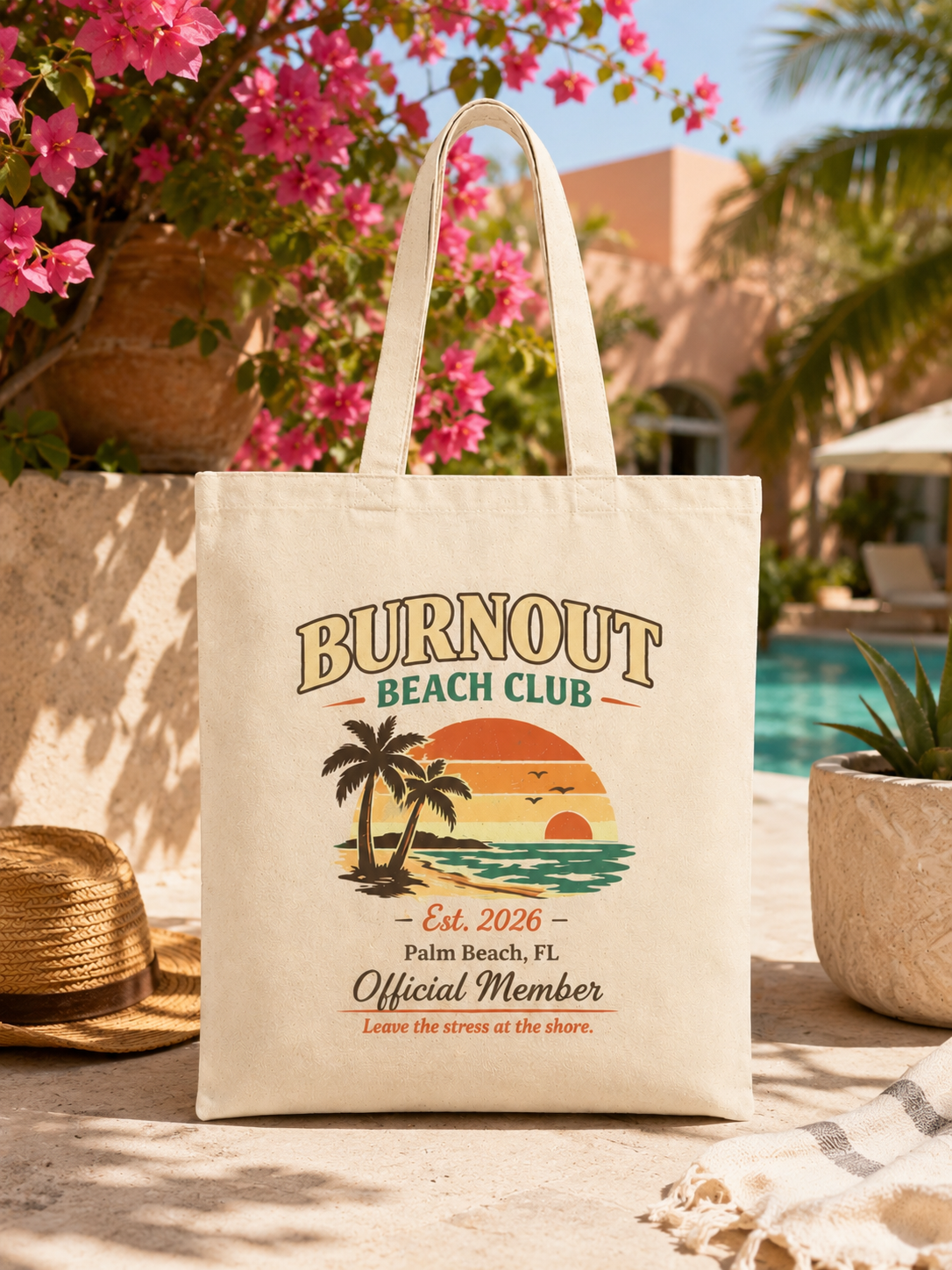 Burnout Beach Club Tote Bag | Coastal Canvas Tote | Retro Beach Bag | Cotton Reusable Shopping Bag | Vacation Gift | Beach Lover Gift