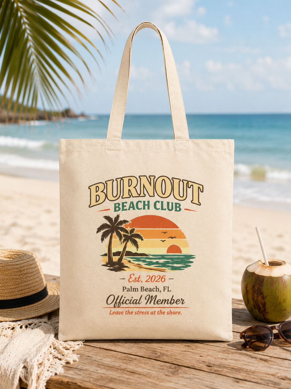 Burnout Beach Club Tote Bag | Coastal Canvas Tote | Retro Beach Bag | Cotton Reusable Shopping Bag | Vacation Gift | Beach Lover Gift