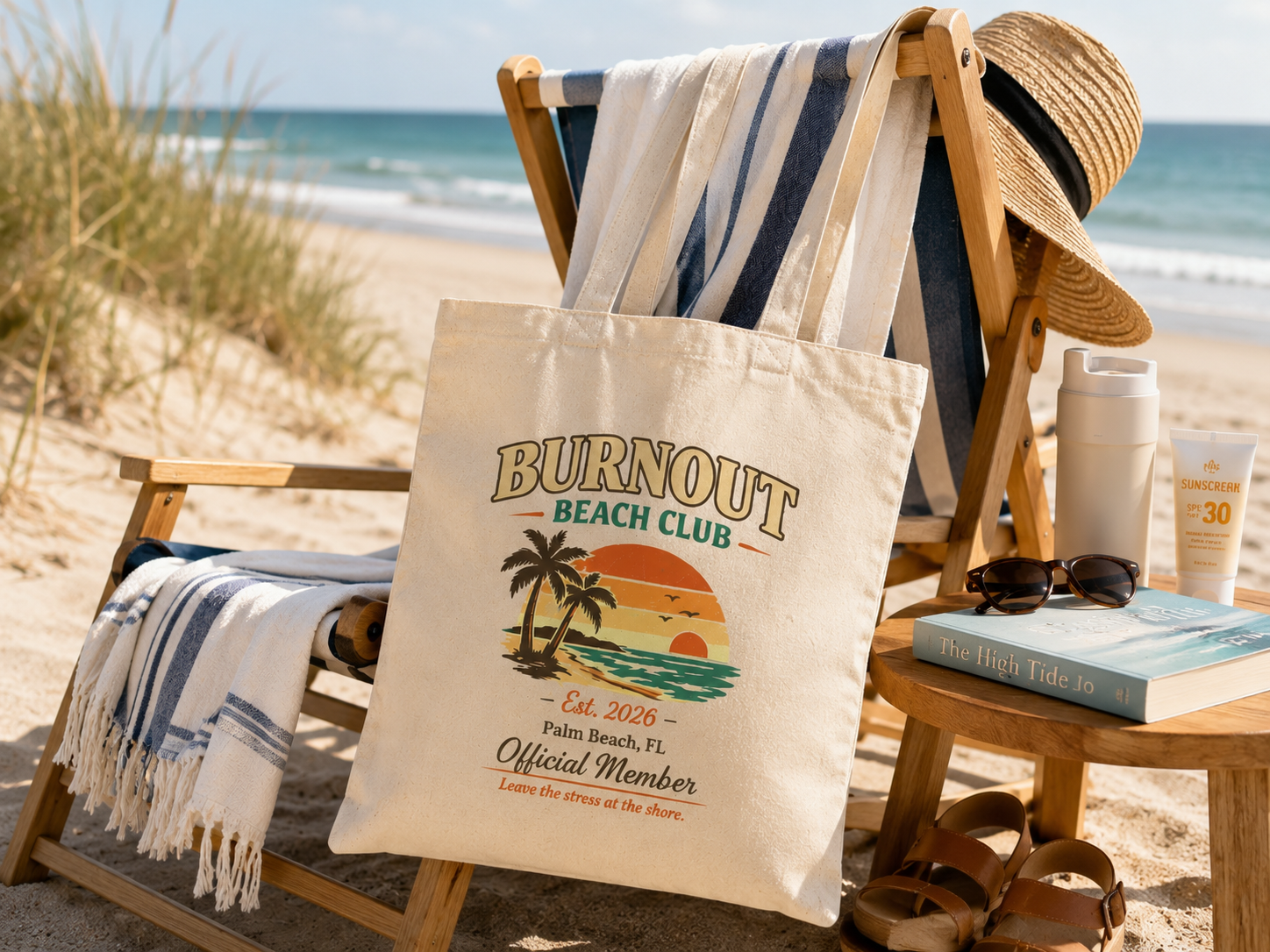 Burnout Beach Club Tote Bag | Coastal Canvas Tote | Retro Beach Bag | Cotton Reusable Shopping Bag | Vacation Gift | Beach Lover Gift