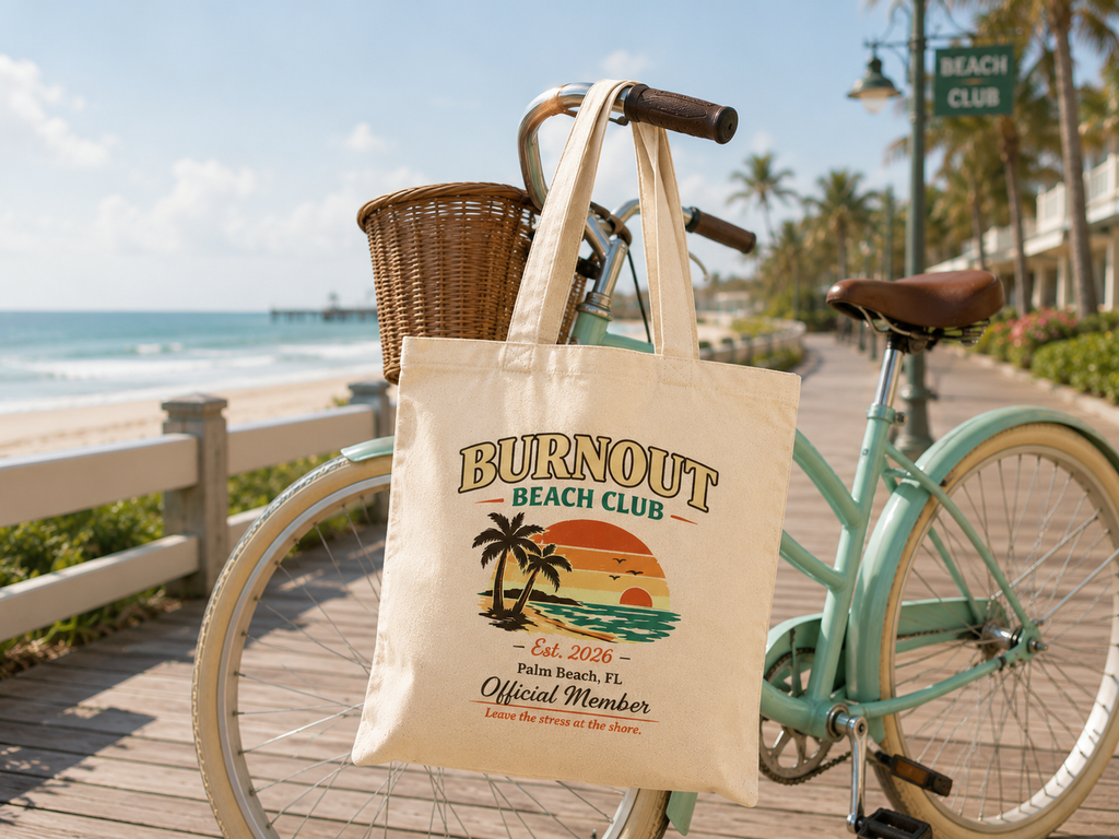 Burnout Beach Club Tote Bag | Coastal Canvas Tote | Retro Beach Bag | Cotton Reusable Shopping Bag | Vacation Gift | Beach Lover Gift