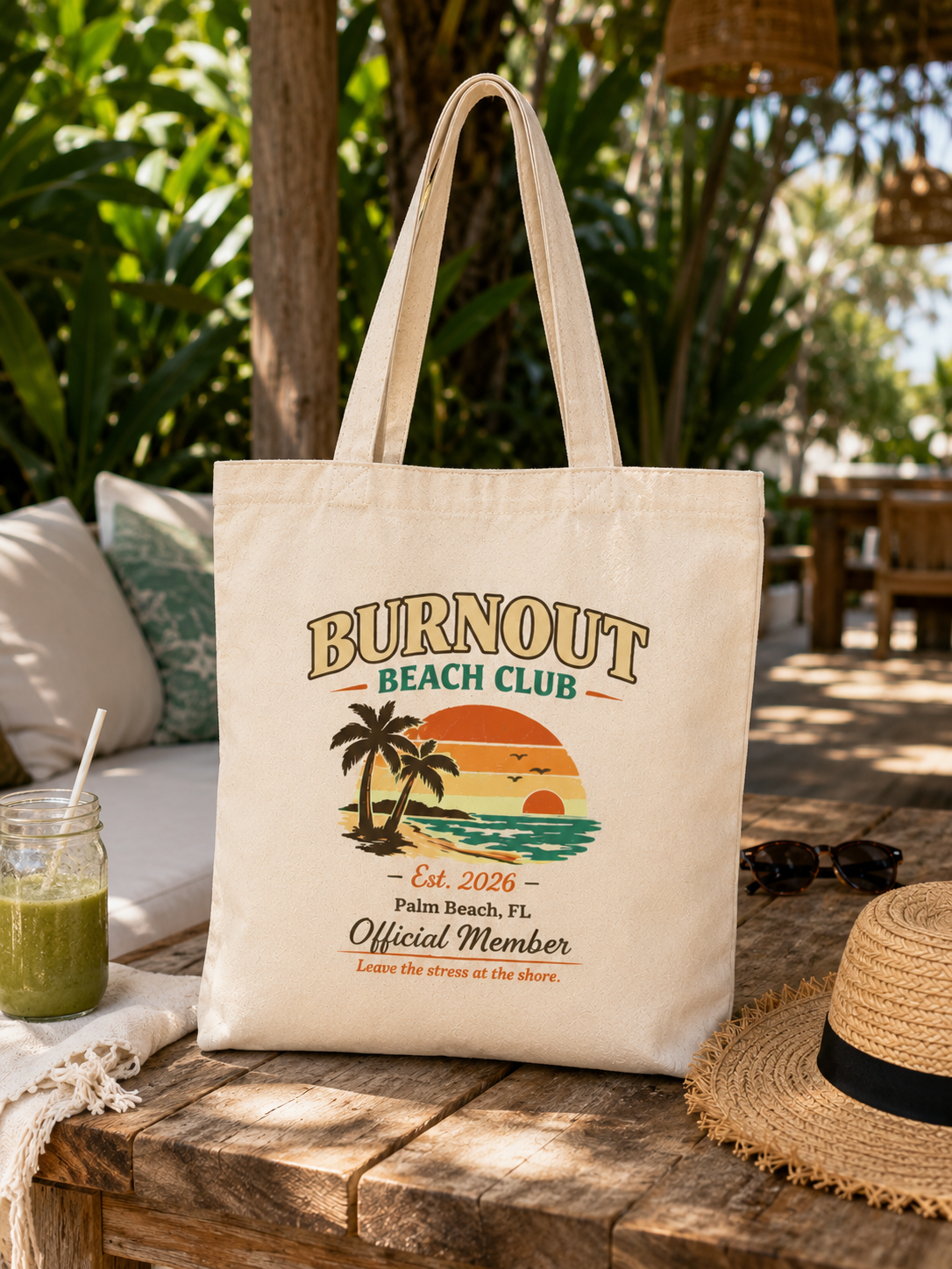 Burnout Beach Club Tote Bag | Coastal Canvas Tote | Retro Beach Bag | Cotton Reusable Shopping Bag | Vacation Gift | Beach Lover Gift