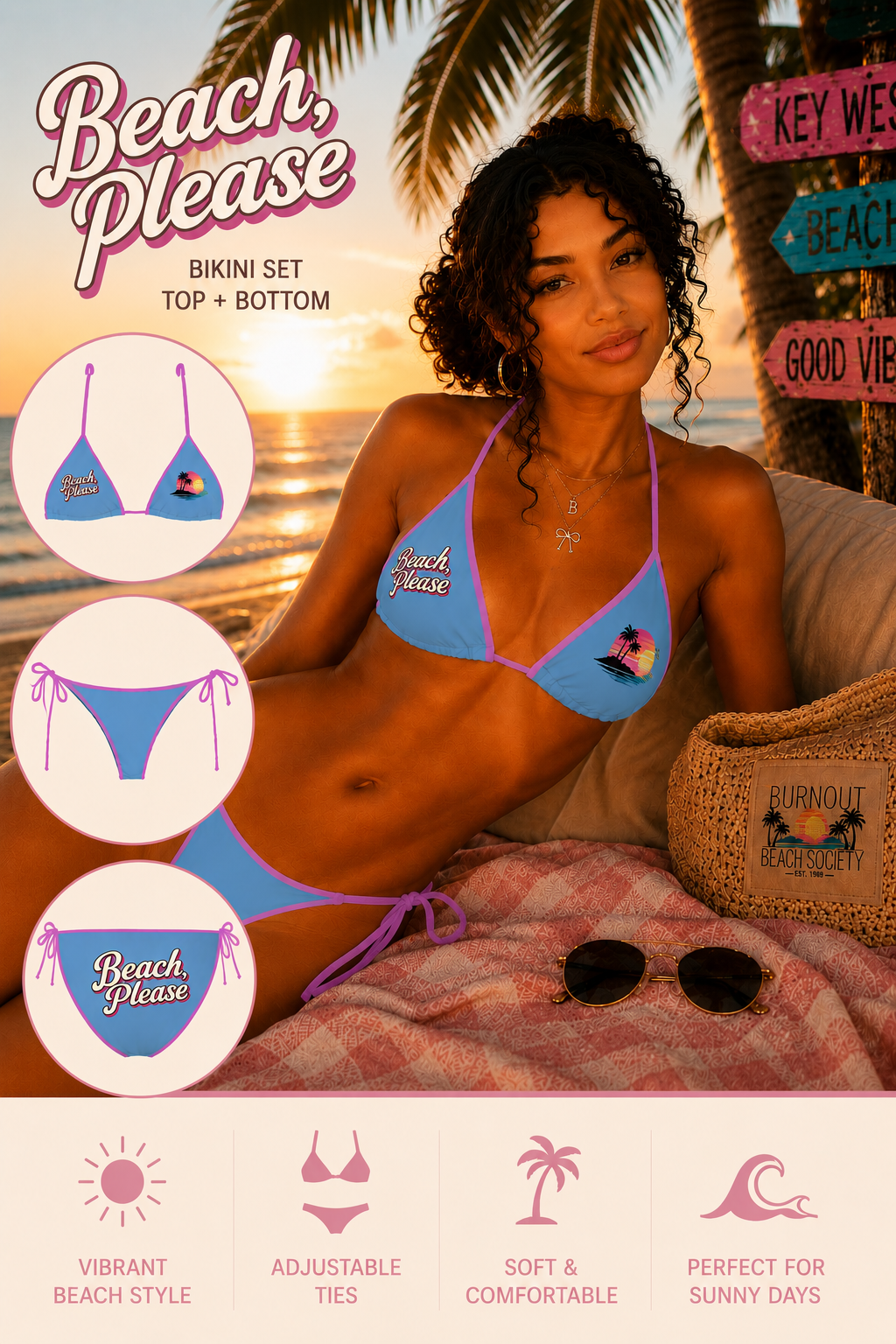 Beach, Please Womens Bikini Swimsuit | Retro Tropical Bikini Set | Adjustable String Two-Piece Swimwear | Cute Beach Vacation Bathing Suit