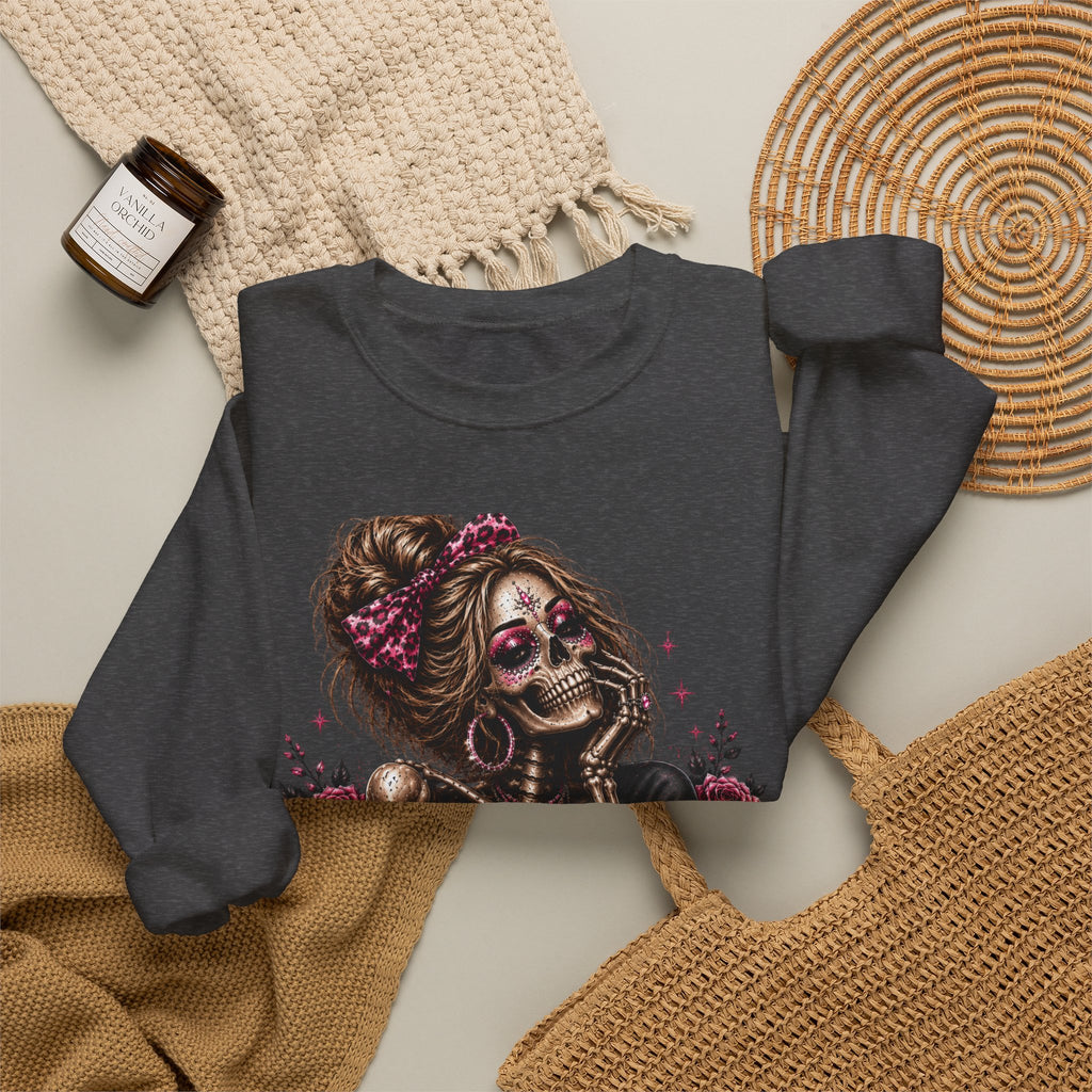 Glam Skull Crewneck Sweatshirt — "Too Glam To Give a Damn" Graphic