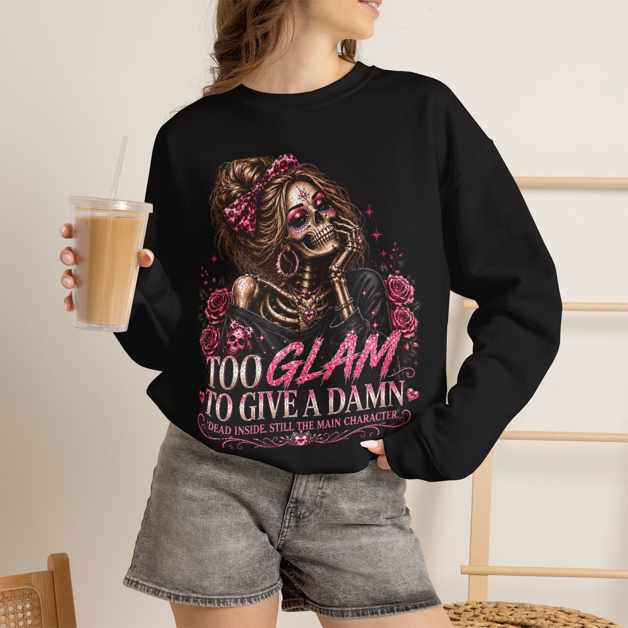 Glam Skull Crewneck Sweatshirt — "Too Glam To Give a Damn" Graphic