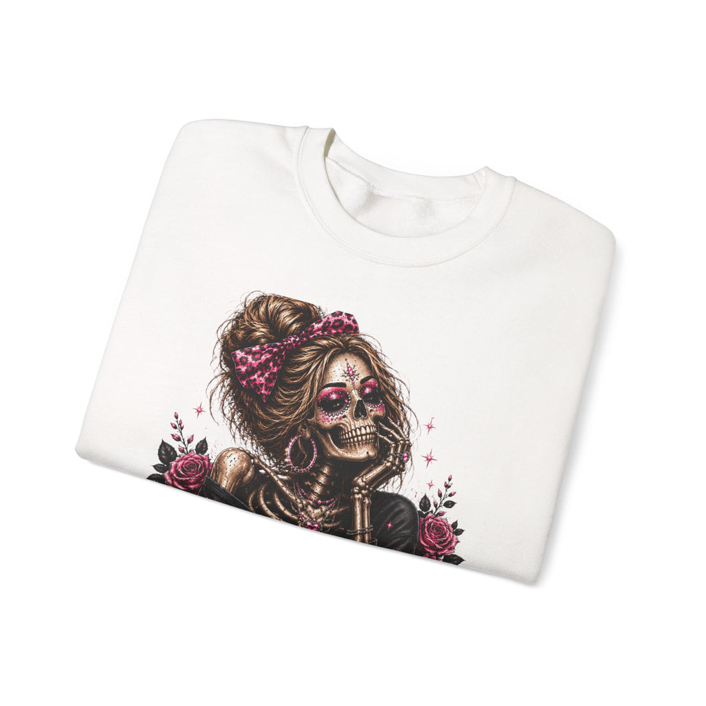 Glam Skull Crewneck Sweatshirt — "Too Glam To Give a Damn" Graphic
