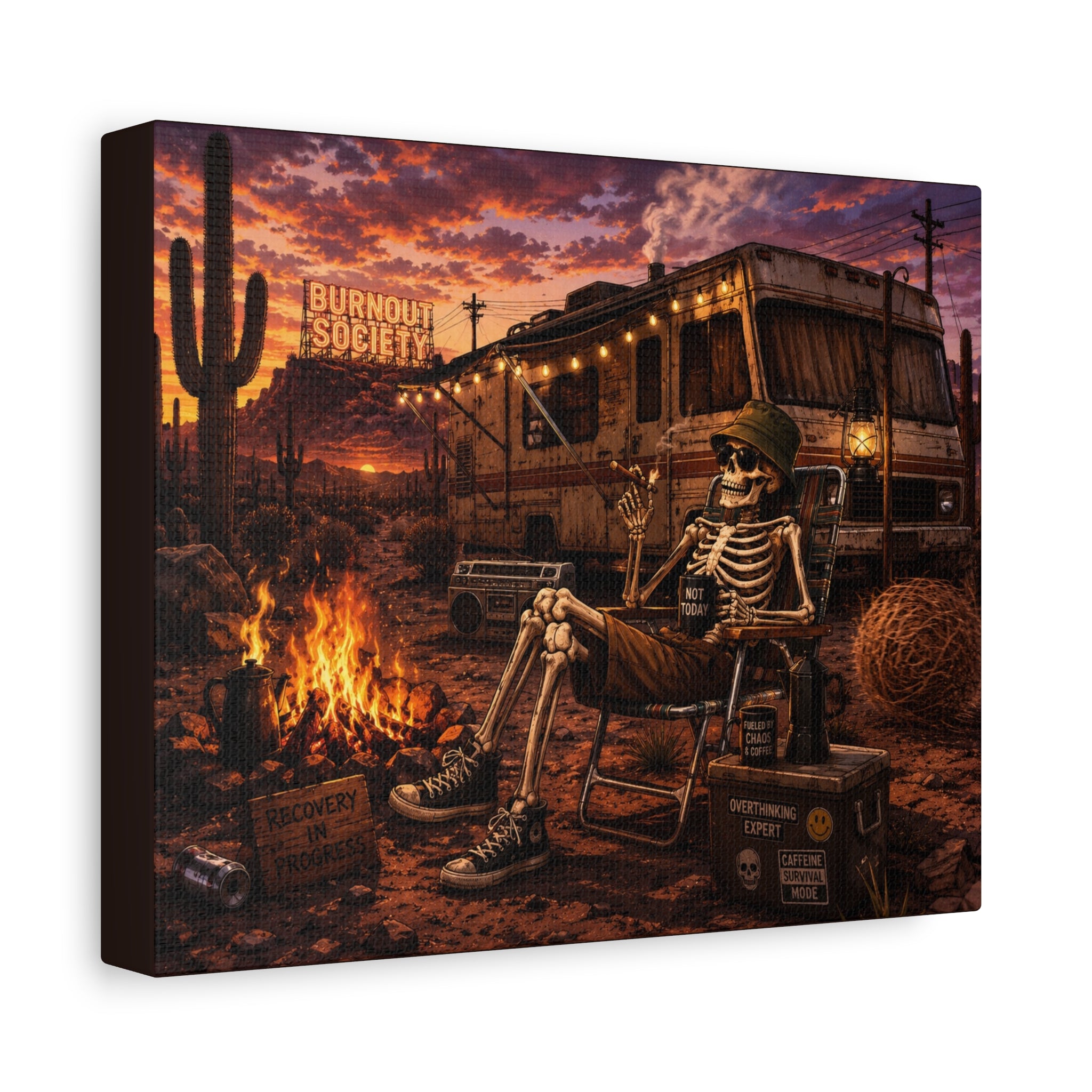 Skeleton Camper Desert Canvas Print — 'Burnout Society' RV Campfire Wall Art