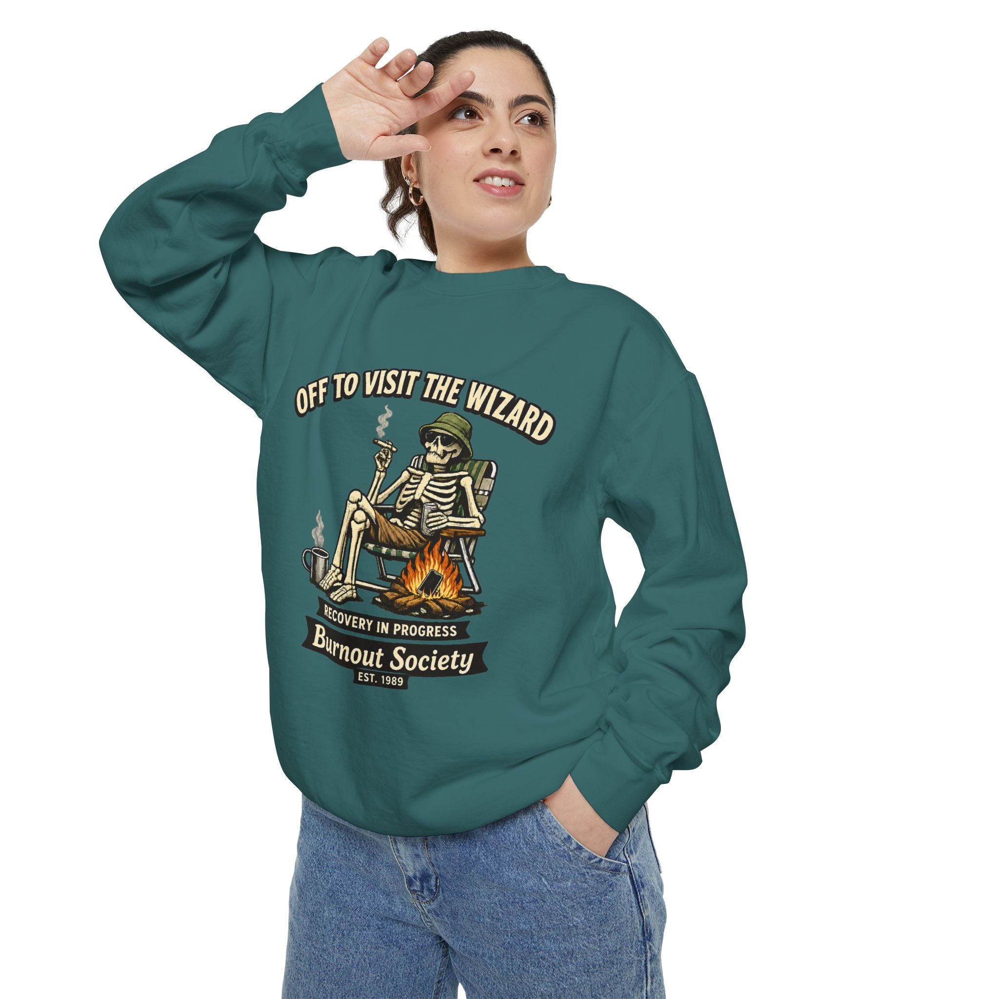 Off to Visit the Wizard Sweatshirt | Burnout Society Crewneck | Funny Skeleton Sweatshirt