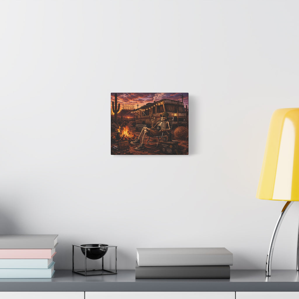 Skeleton Camper Desert Canvas Print — 'Burnout Society' RV Campfire Wall Art