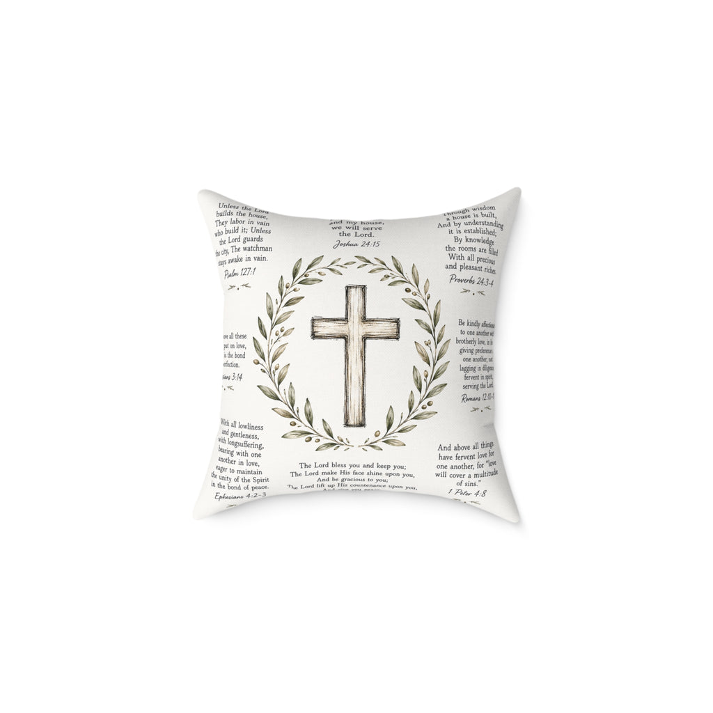 Christian Scripture Throw Pillow | Rustic Cross & Bible Verse Accent Pillow | Farmhouse Faith Home Decor