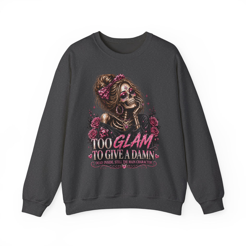 Glam Skull Crewneck Sweatshirt — "Too Glam To Give a Damn" Graphic