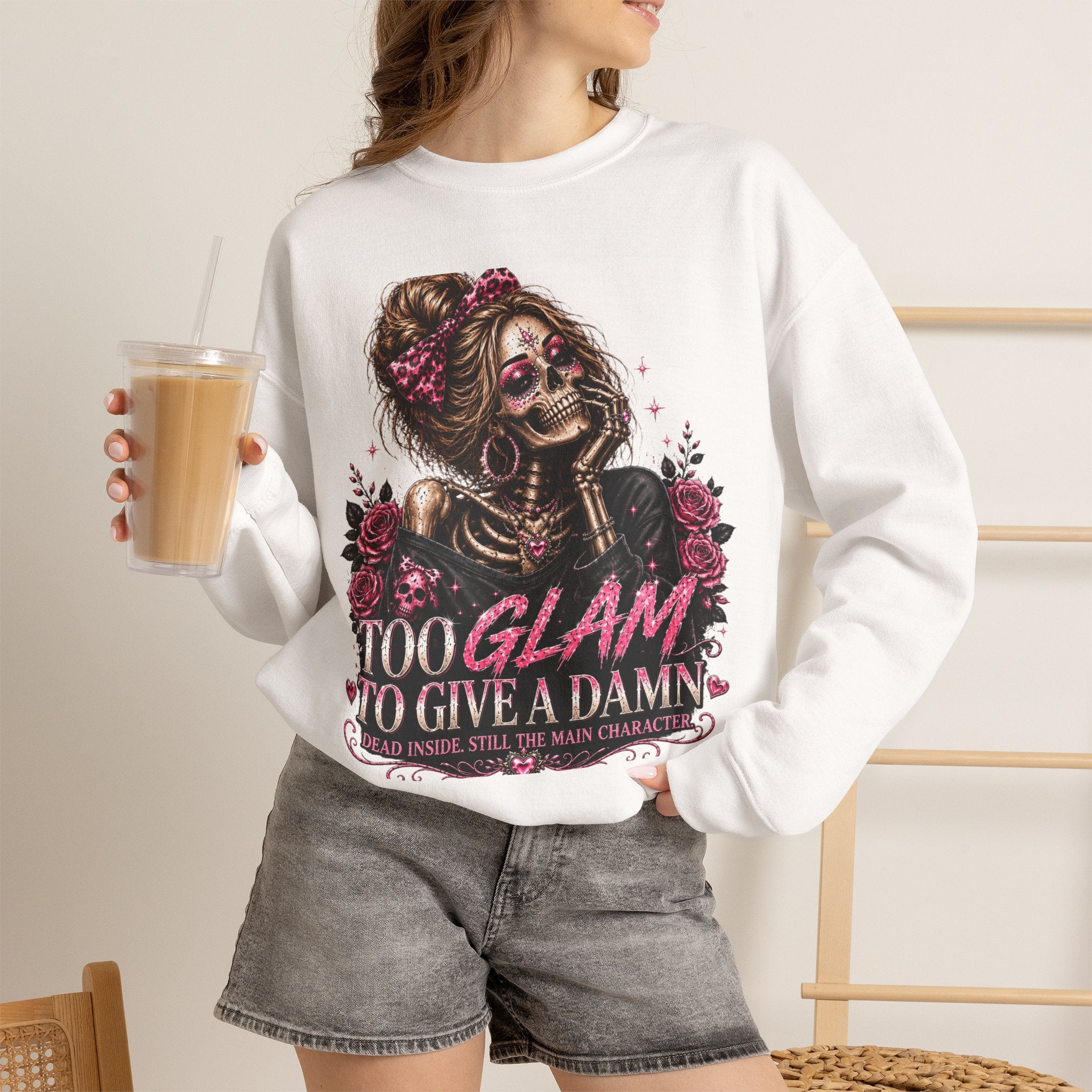 Glam Skull Crewneck Sweatshirt — "Too Glam To Give a Damn" Graphic