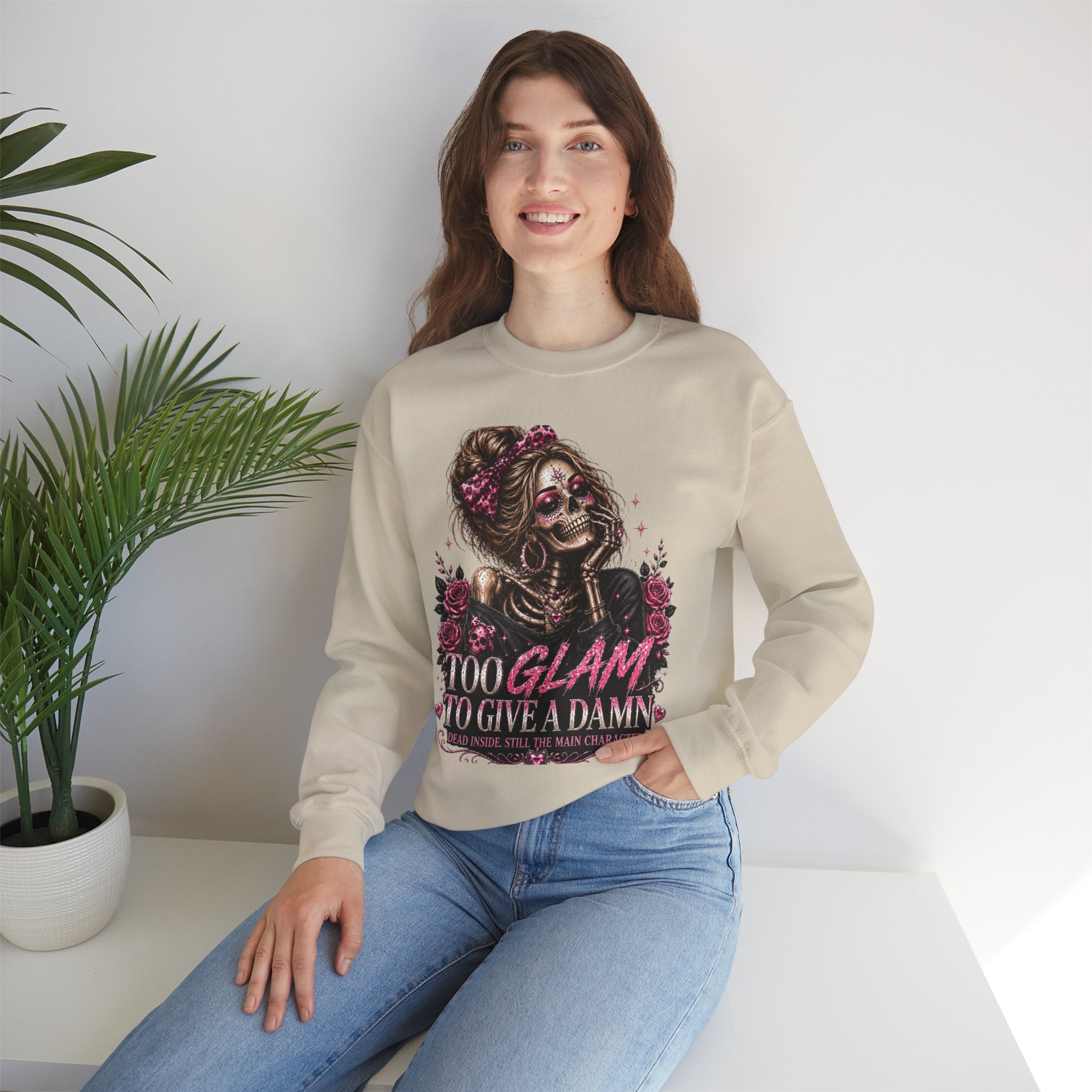 Glam Skull Crewneck Sweatshirt — "Too Glam To Give a Damn" Graphic