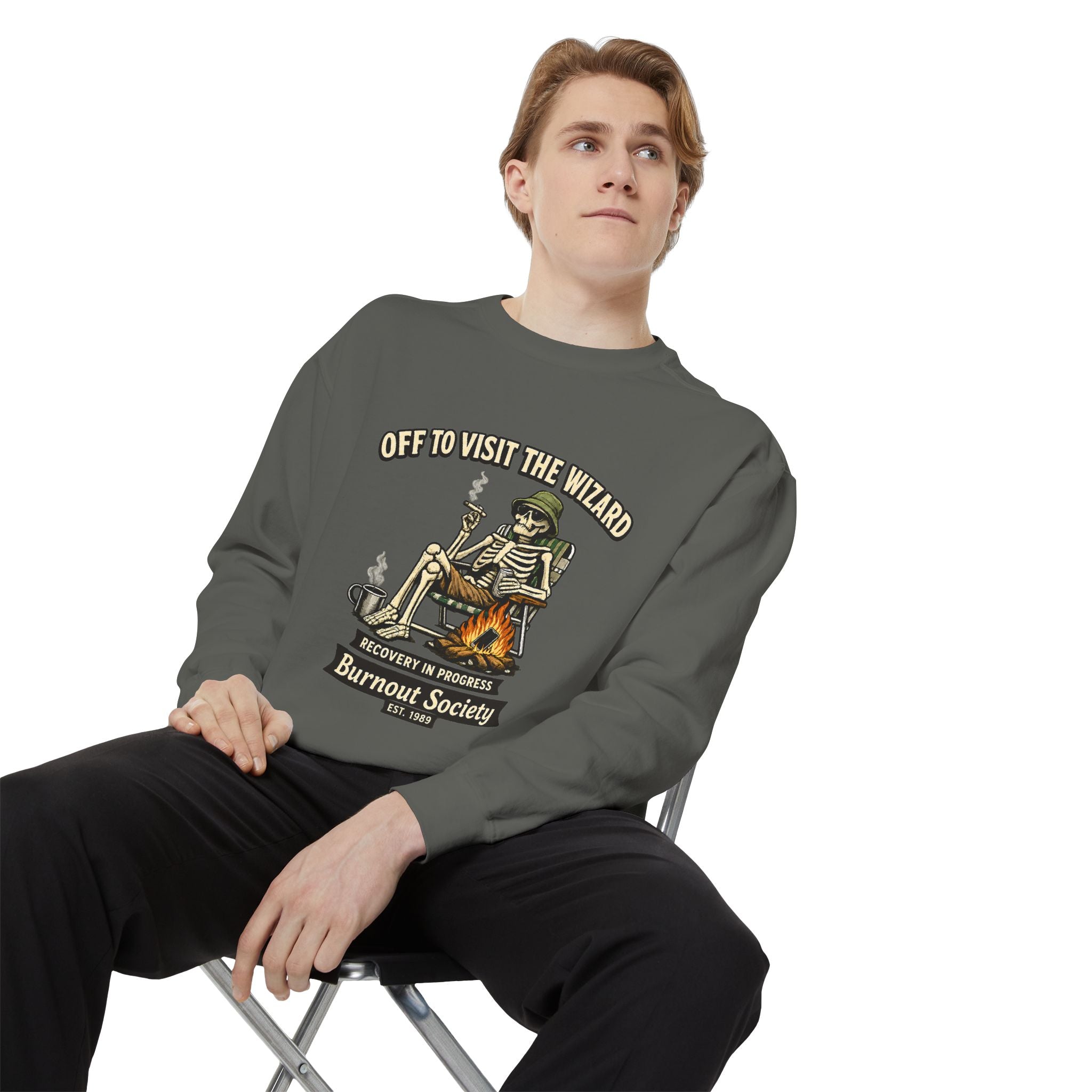 Off to Visit the Wizard Sweatshirt | Burnout Society Crewneck | Funny Skeleton Sweatshirt